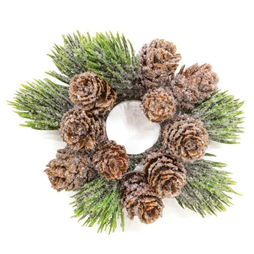 Icy Bristle Pine & Cone Taper Candle / Napkin Ring 1″ Inner Dia. Christmas Winte