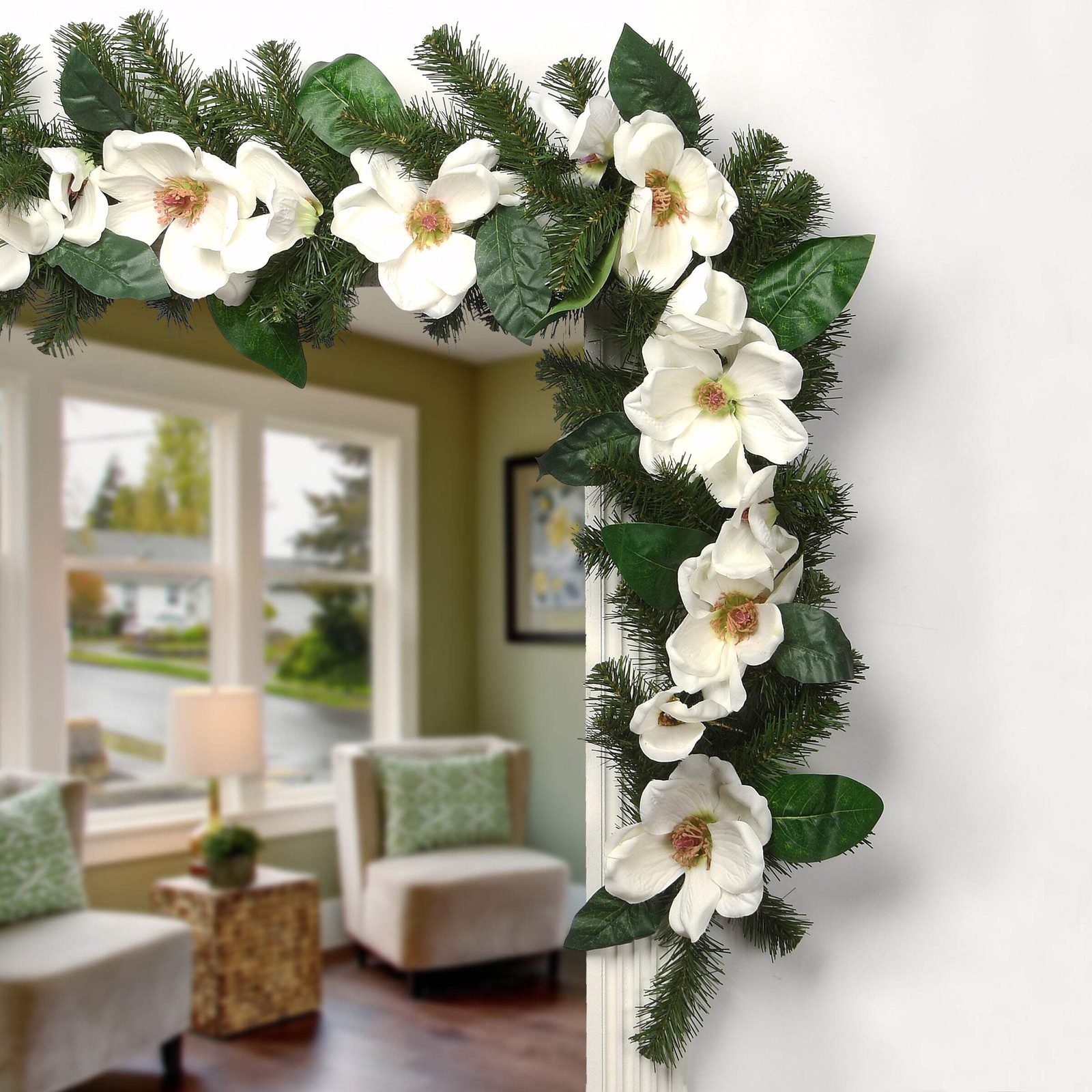 6 ft. Spring Garland with North Valley Spruce Magnolia Flower Blooms