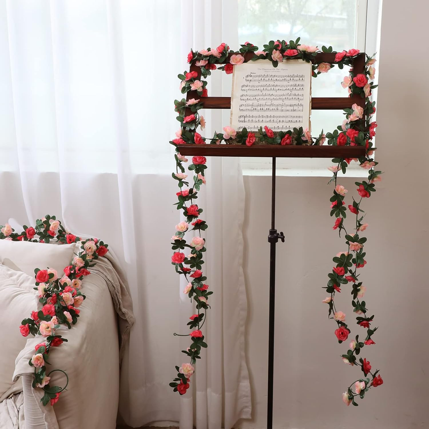 Flower Garland Rose Vines, 2 Strands 16.5Ft Flower Vines for Bedroom, Rose Flora