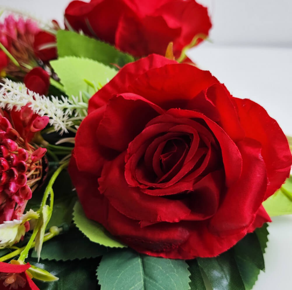 Red Roses Artificial Cemetery Flowers in Vase – Memorial Grave Headstone Decor