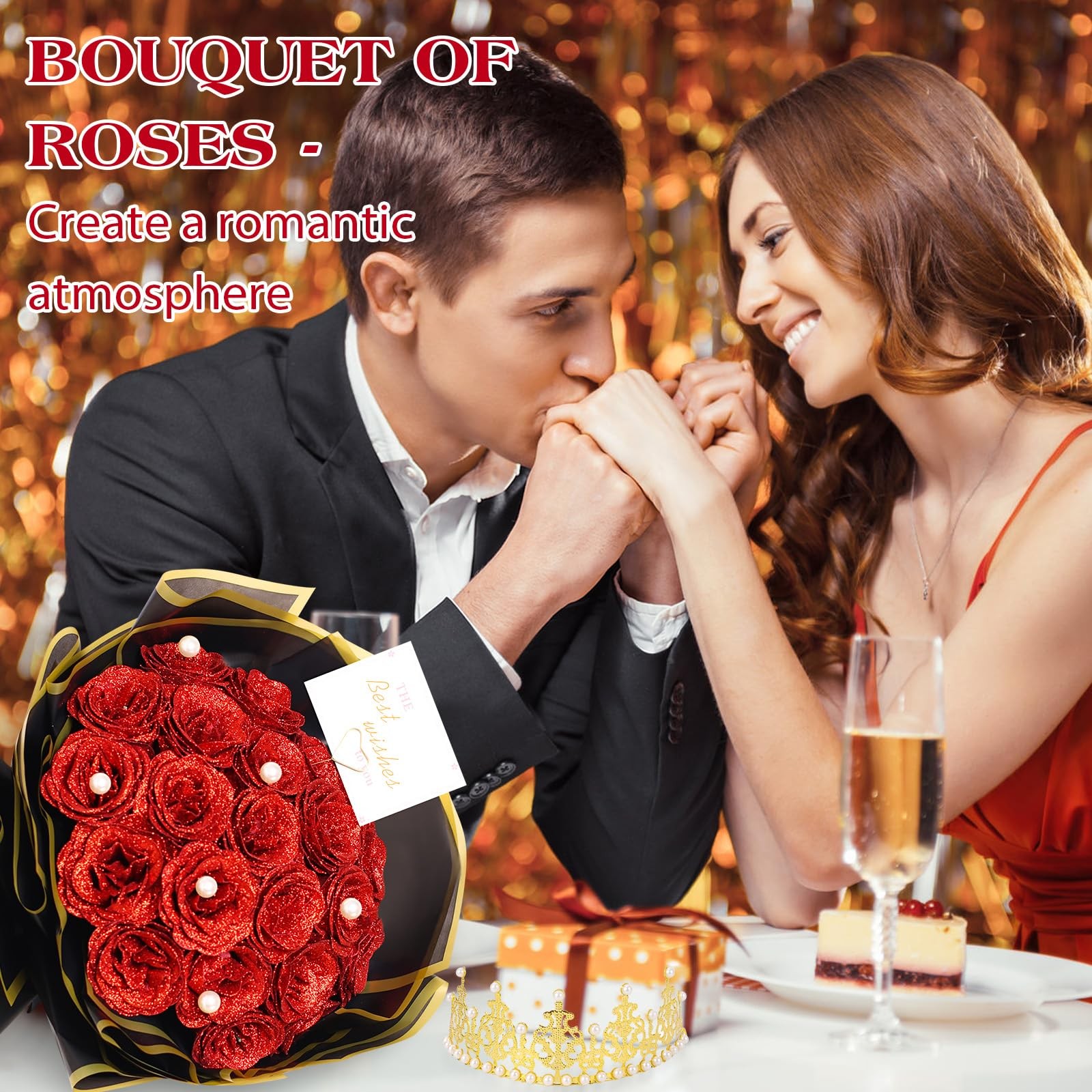 Glitter Roses Bouquet Red Roses Artificial Flowers with Flower Wrapping Paper…