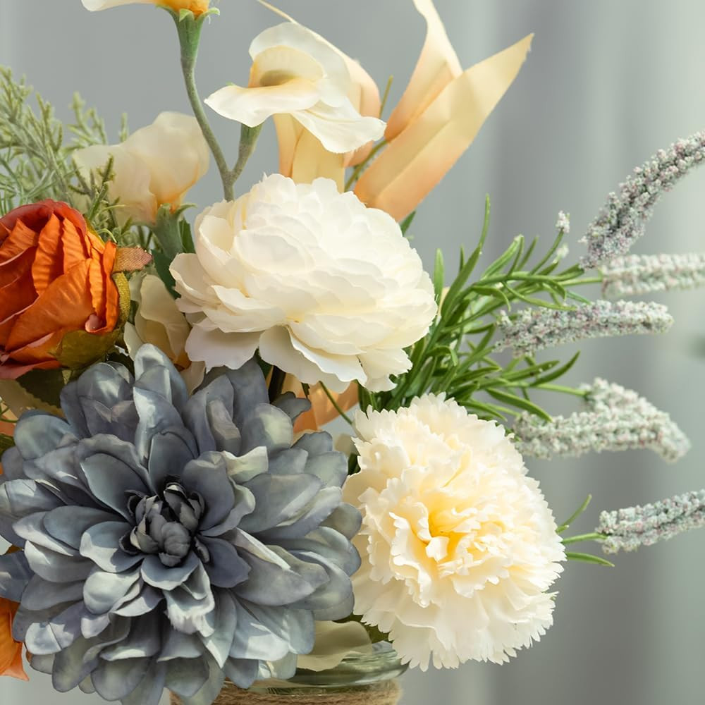 Blue Dahlia Silk Flower Arrangement in Glass Vase for Home Decor
