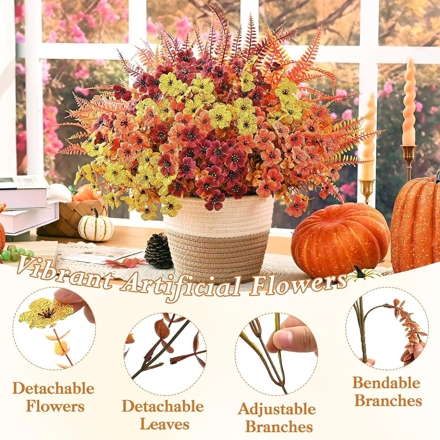 Artificial Fall Flowers for Outdoors, Fall Flowers Decor, 15Pcs Fake Mums | UV R