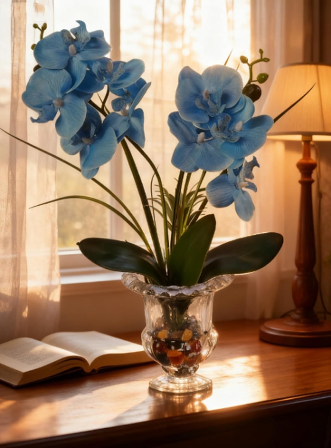 Elegant Artificial Blue Orchid in Weighted Glass Vase – 14.5 Inch Centerpiece
