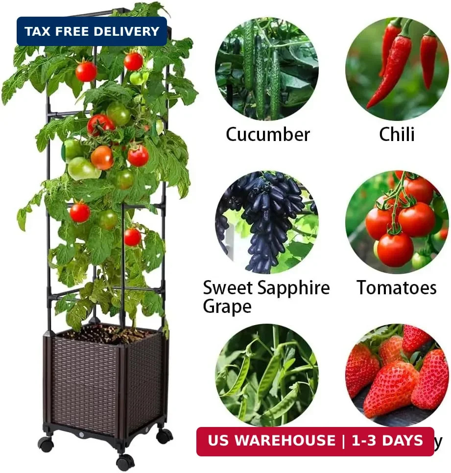 Raised Garden Bed with Tomato Cage & Trellis, 56″ Self-Watering Tomato Planter B
