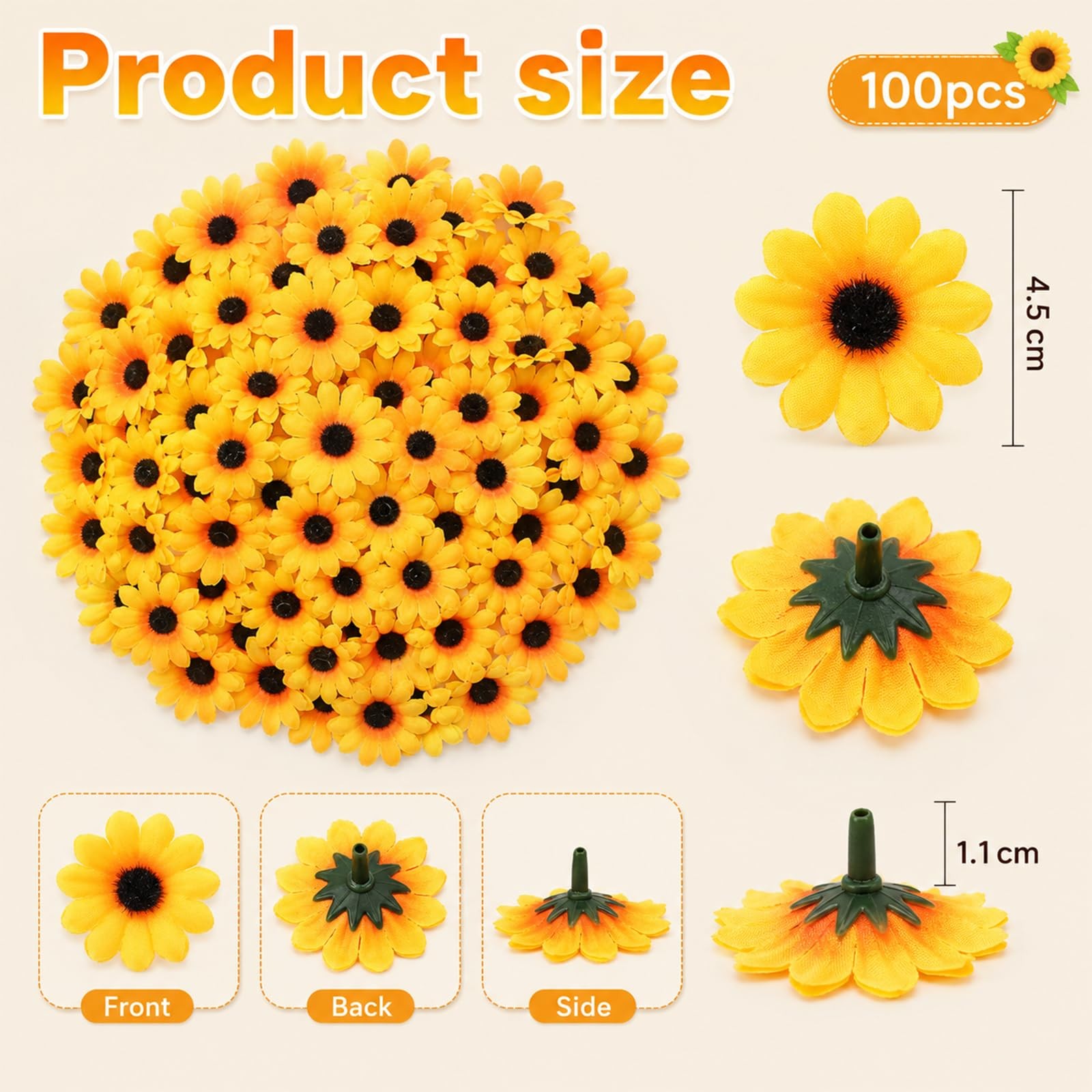 100PCS Mini Fake Sunflower, Sunflower Artificial Flower Heads, 1.8In