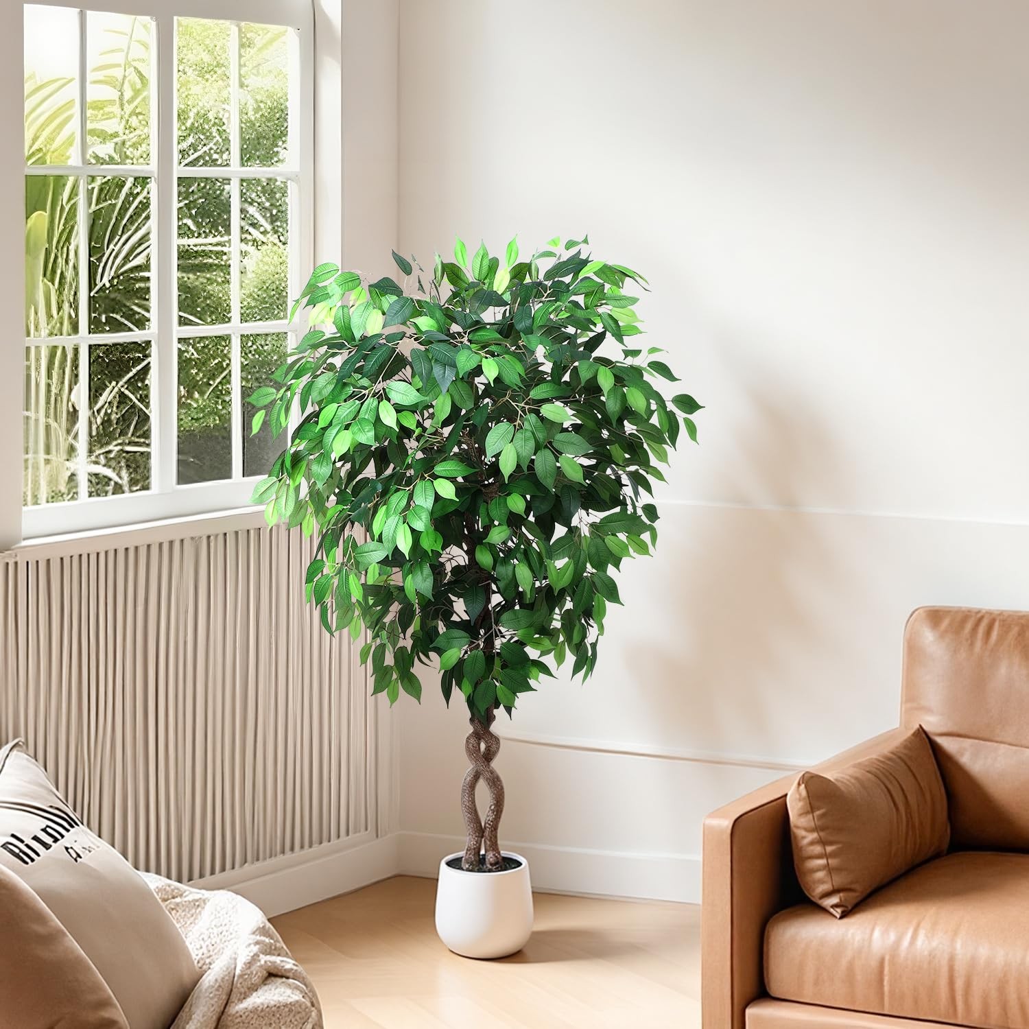 5FT Artificial Ficus Tree, Tall Faux Trees Indoor with White Planter, Dried M…