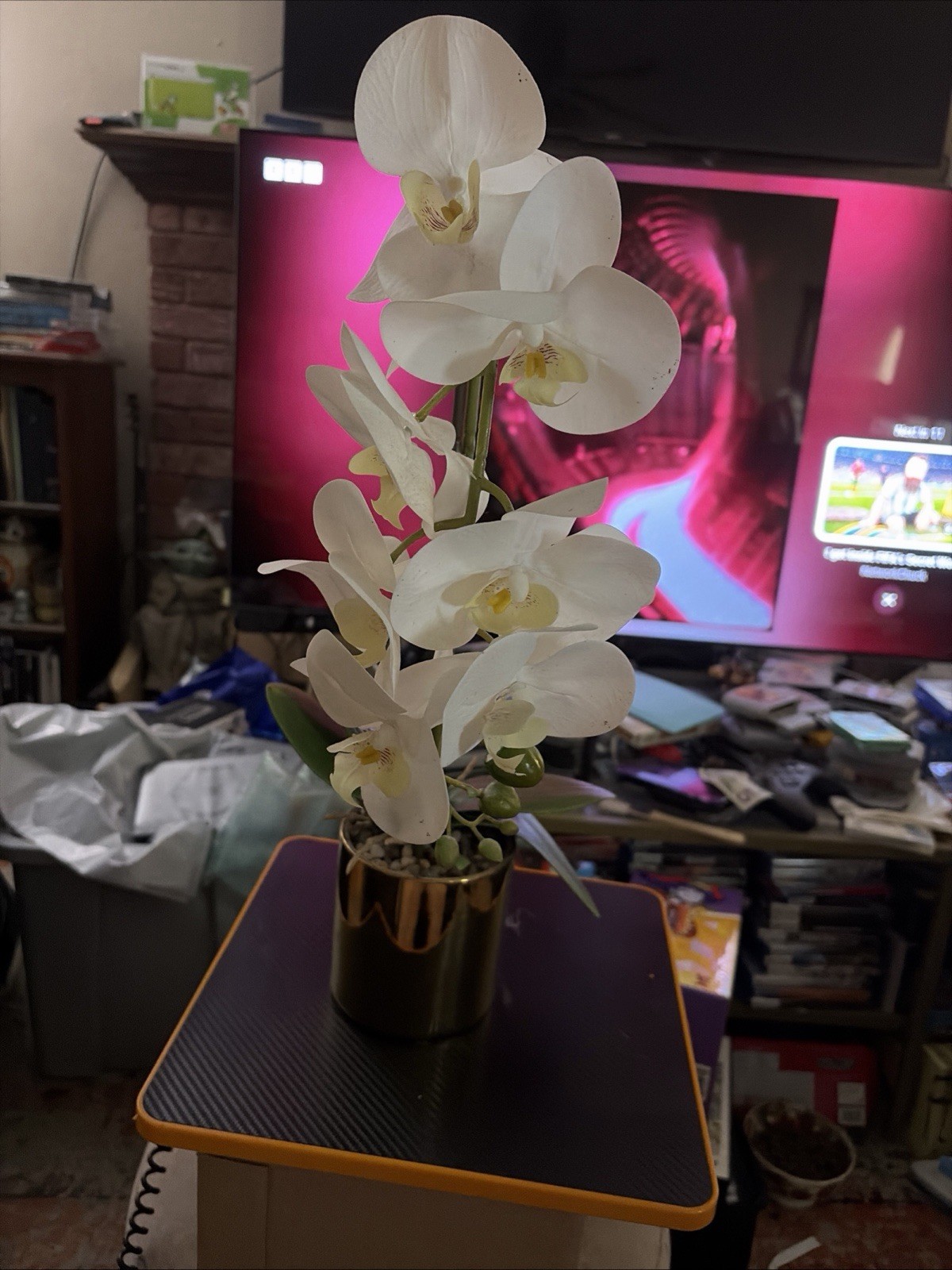 Artificial Orchid Flower Potted, 24″ White Orchid in Gold Pot Faux Plant