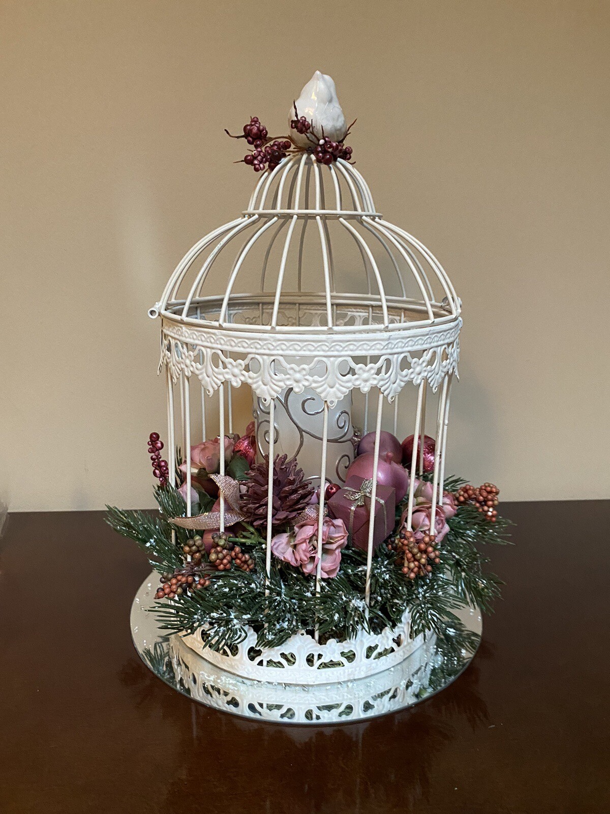 Vintage Christmas Birdcage with Pink Highlights & Pillar Candle