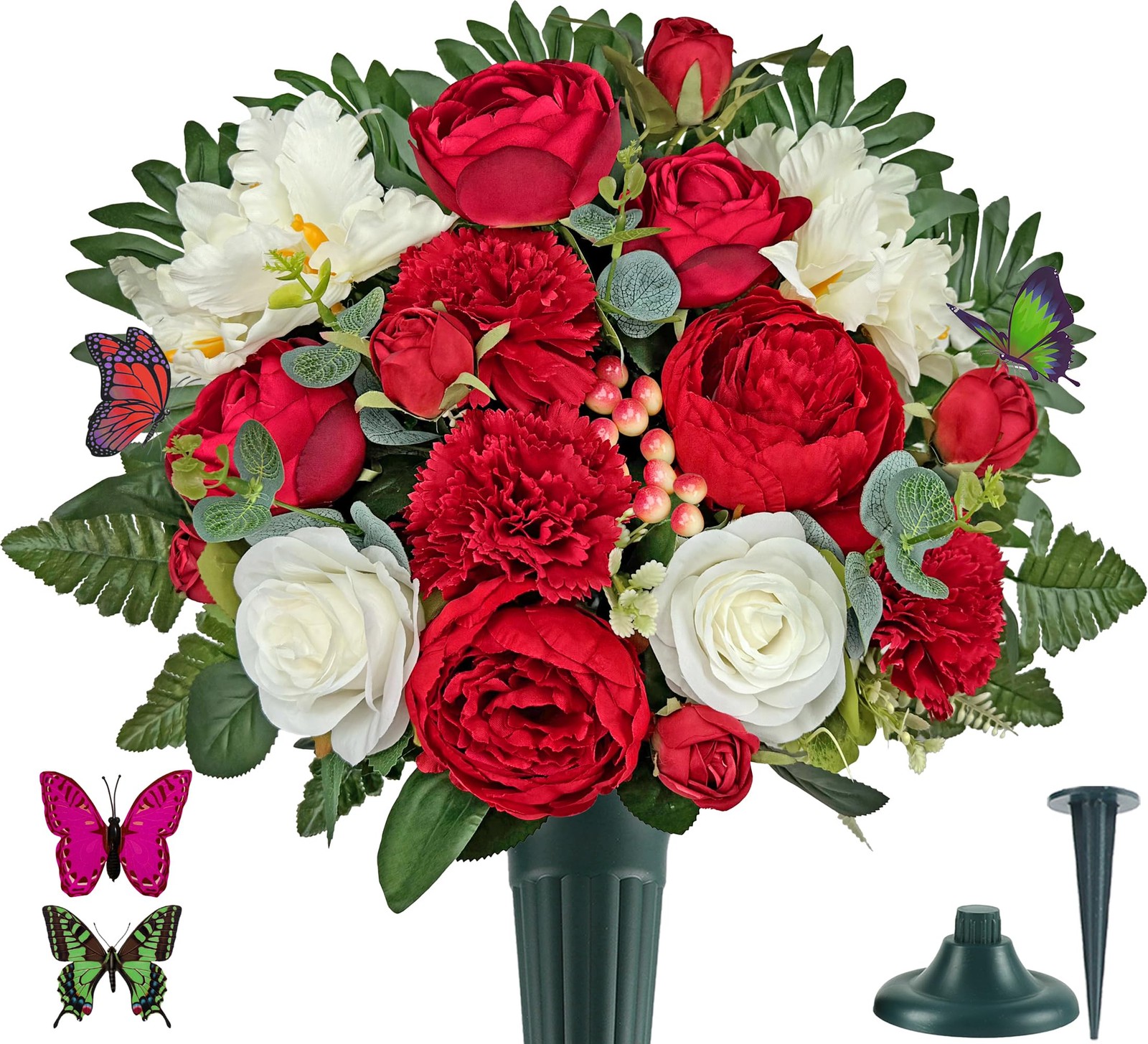 Cemetery Flowers with Vases for Grave Decor, Silk Lily Rose Carnation，Headsto…