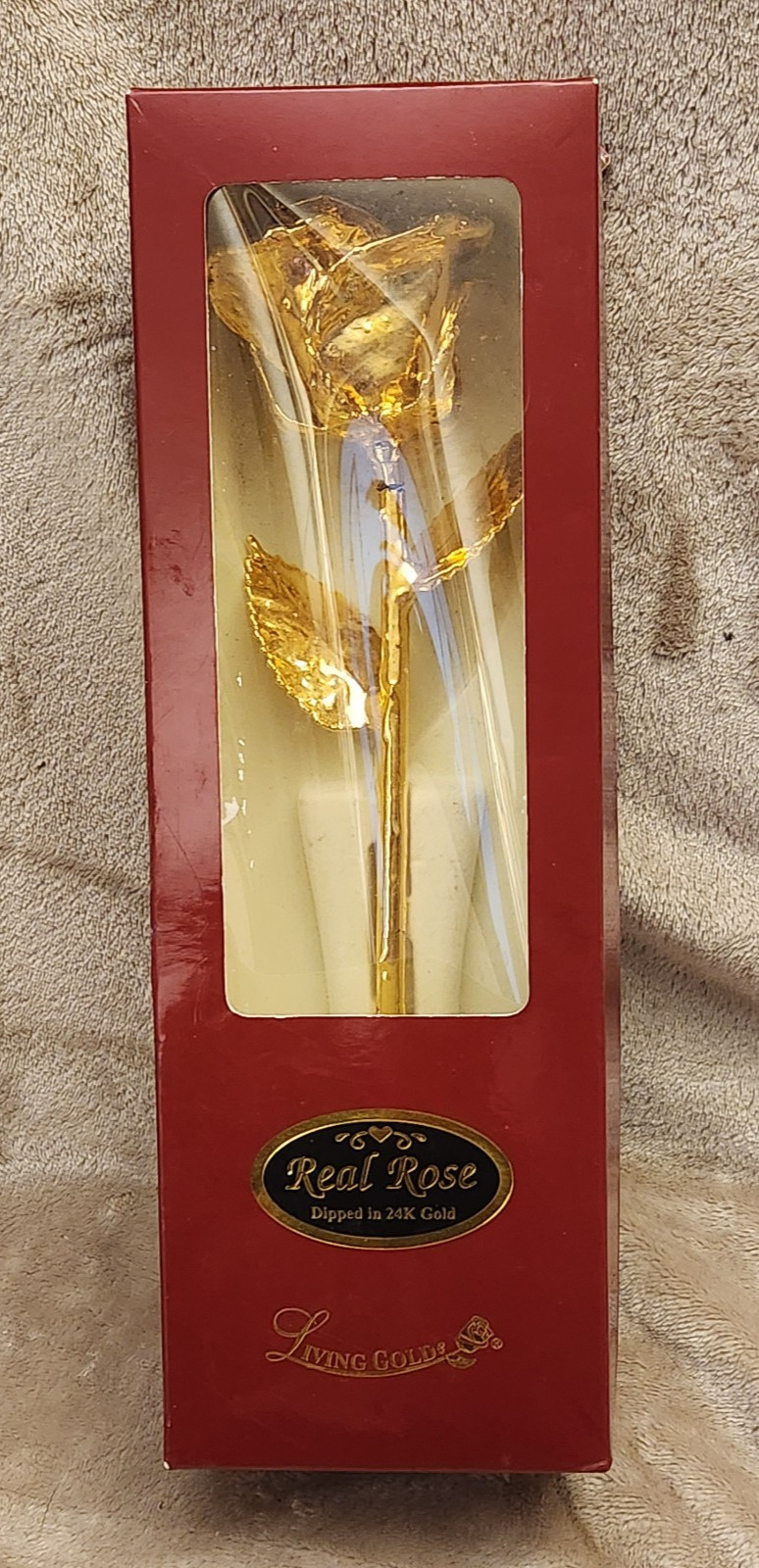 LIVING GOLD REAL ROSE DIPPED IN 24K GOLD RED BOX, Broken Stem – For Parts/Repair
