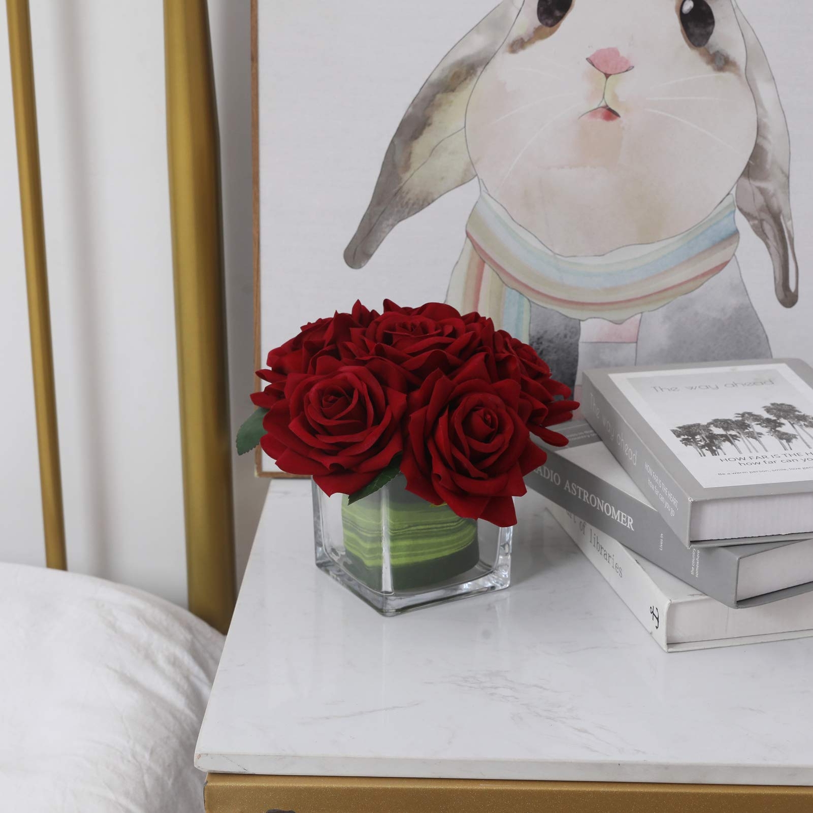 Artificial Velvet Rose Flower Centerpiece Burgundy Arrangement in Vase