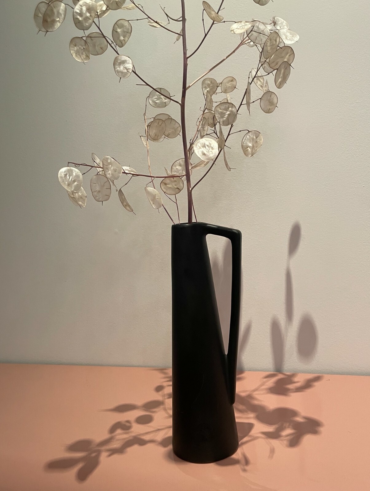 RARE DRIED LUNARIA MOONWORTH HONESTY SILVER DOLLAR PLANT WITH BLACK VASE