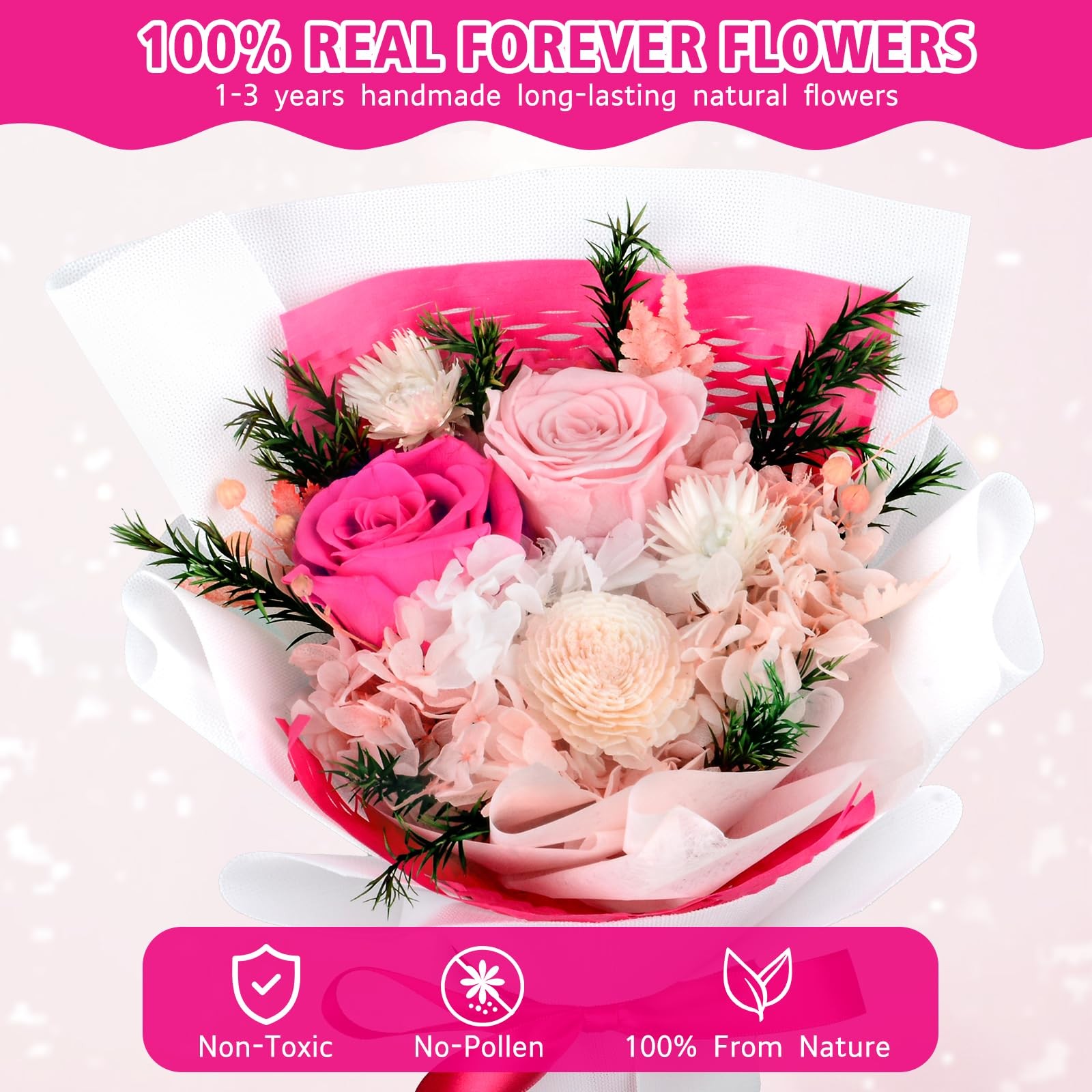 Pink Preserved Flowers Bouquet Long Lasting Real Roses Gift for Her Mom Wife