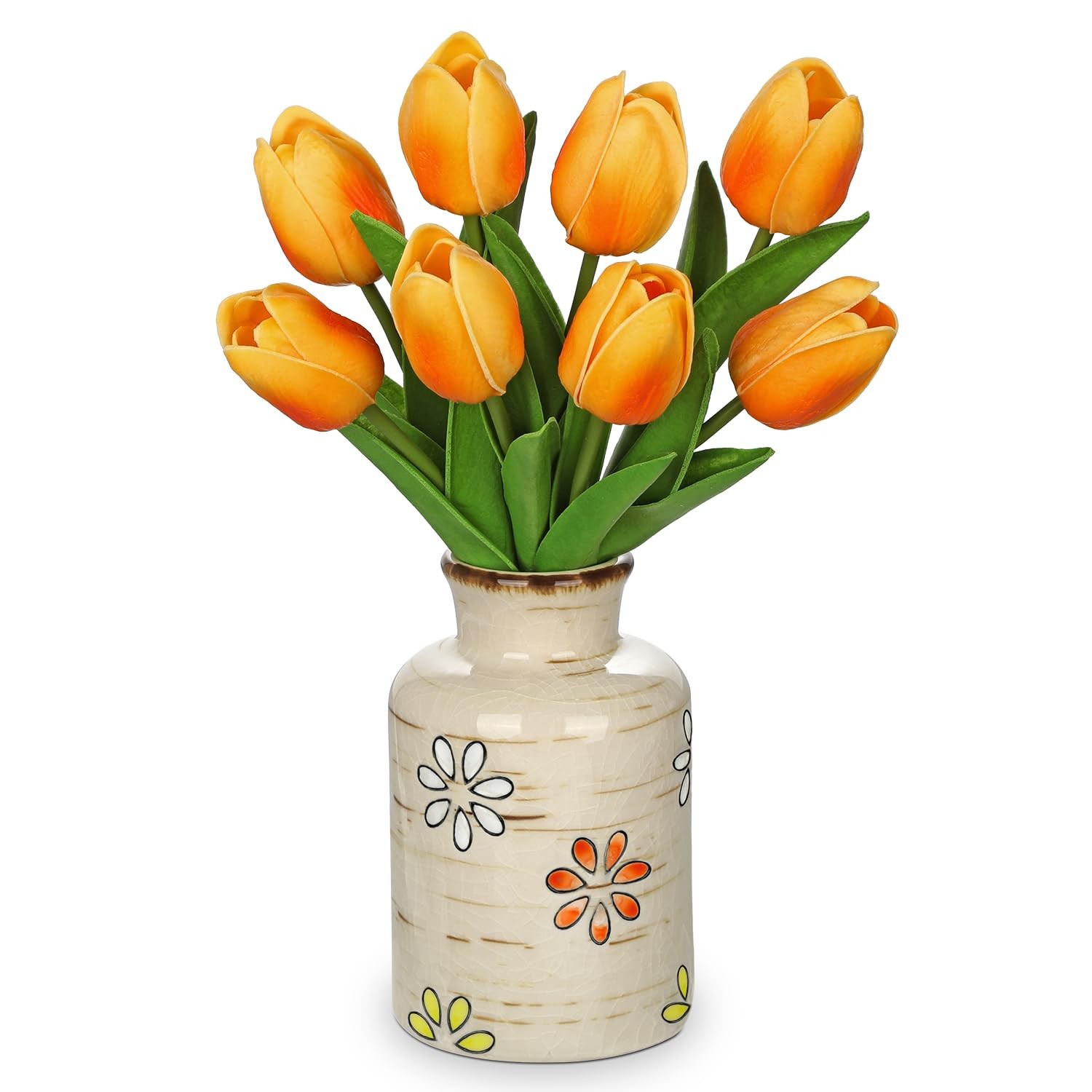 10.6in Artificial Orange Tulips with Ceramic Vase, Real Touch Faux Tulips Flo…