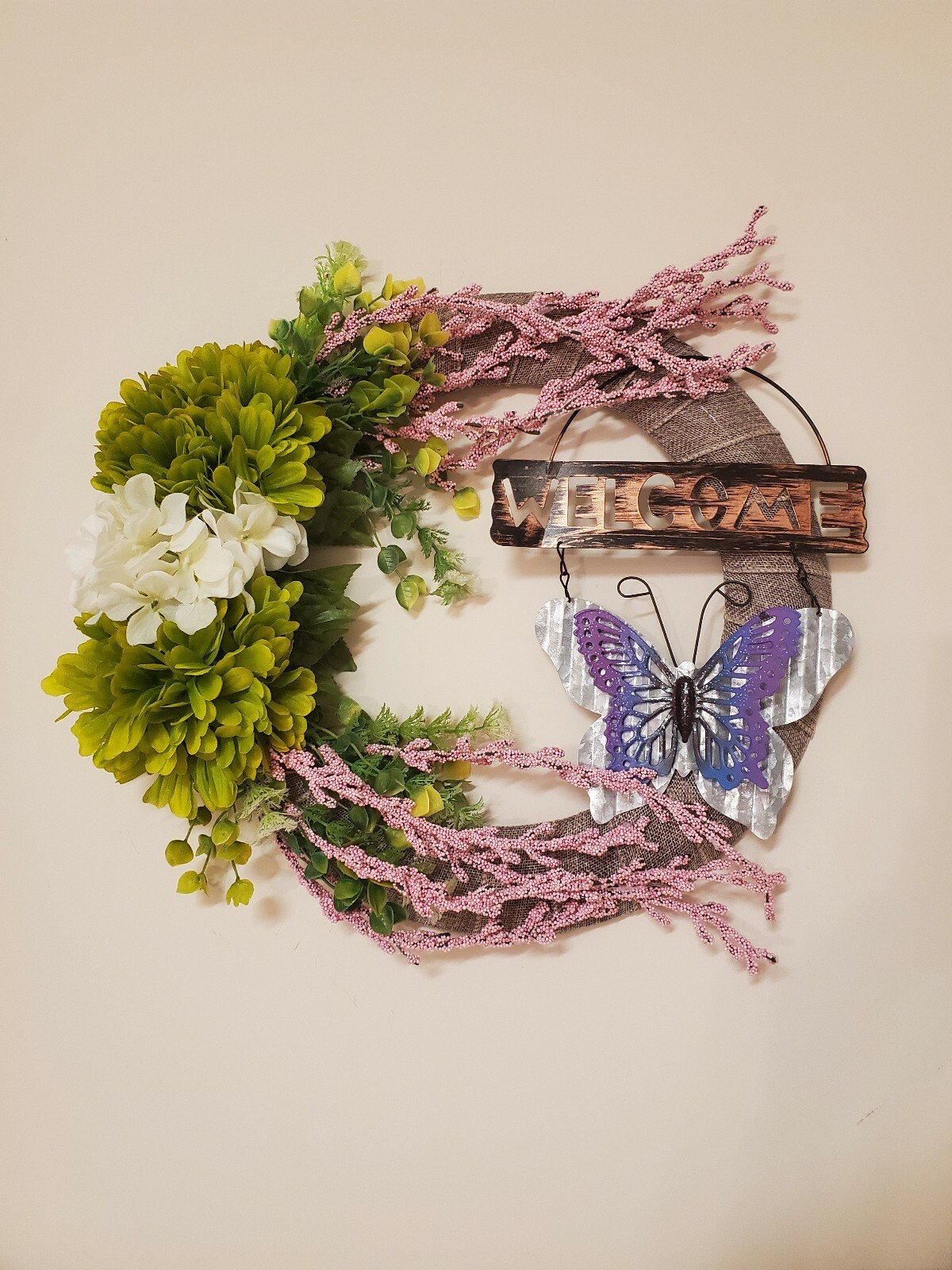 WELCOME fall spring Wreath green white pink FLOWER beige burlap Decor Front Door