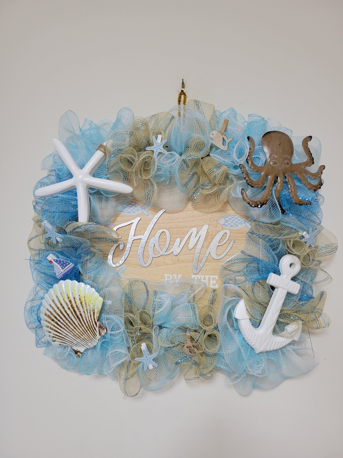 HOME by The Sea Coastal Spring Summer Mesh Front Door Wreath Wall Decor Beach
