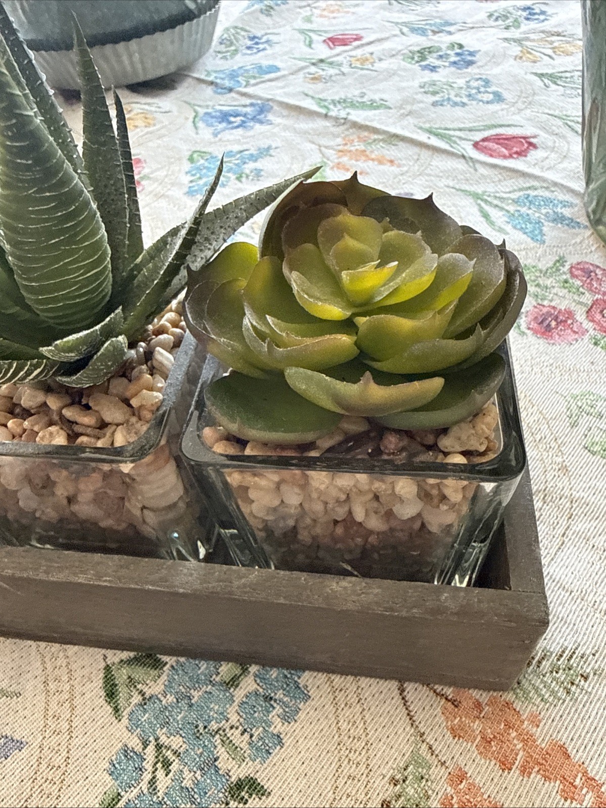 Artificial Succulents In Three Glass Containers Glued In Wooden Box