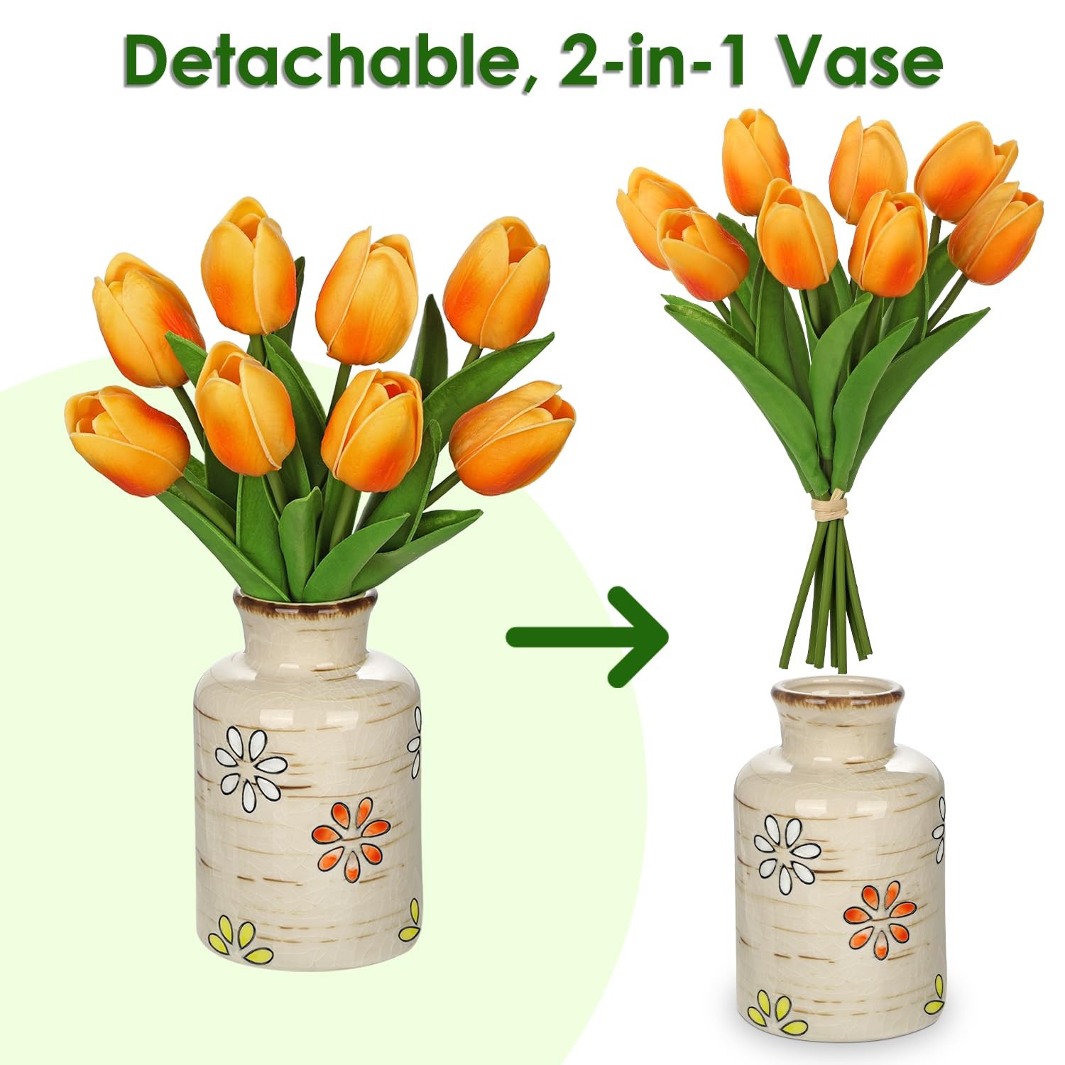 10.6in Artificial Orange Tulips with Ceramic Vase, Real Touch Faux Tulips Flo…