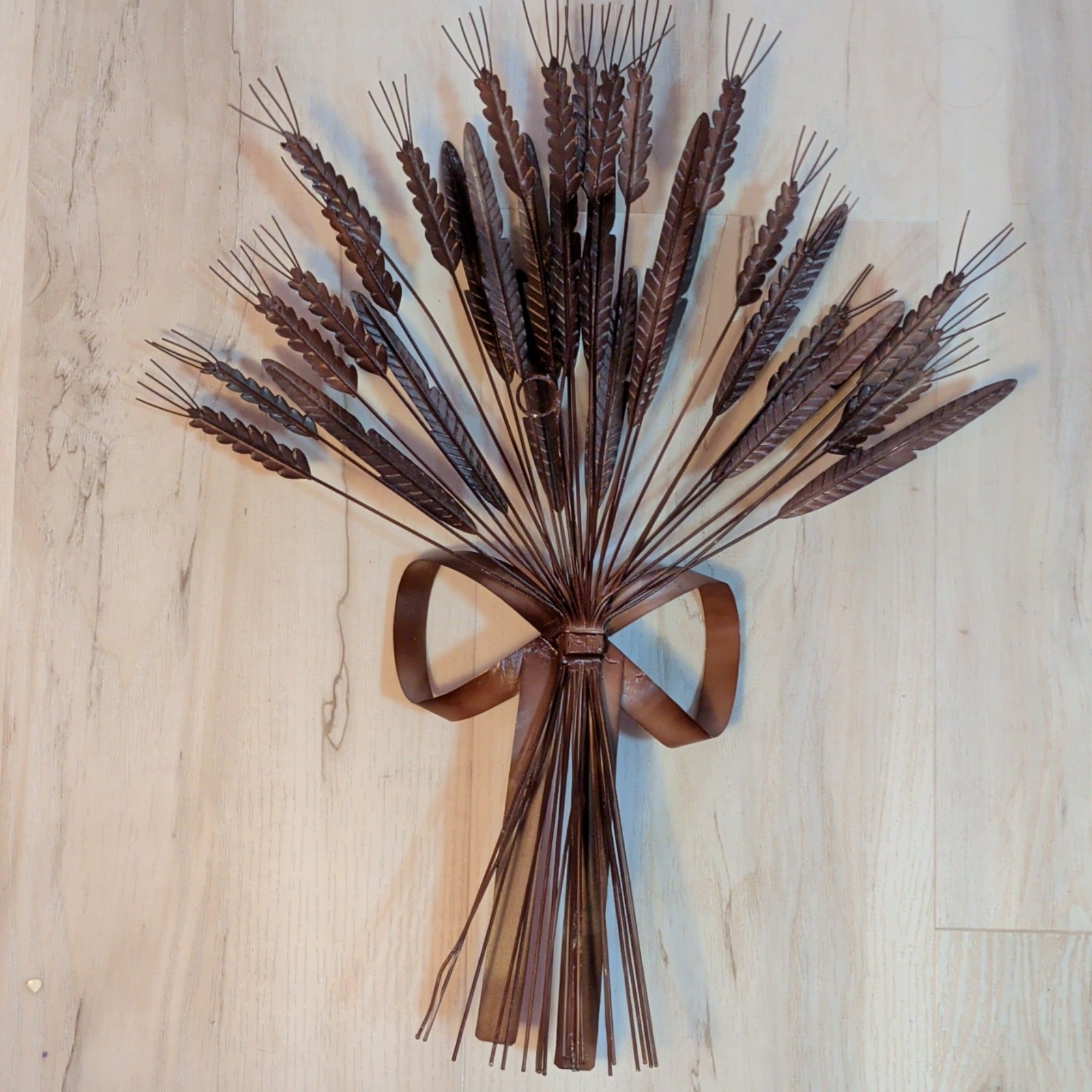 Metal Artificial Wheat Sheaf Bunch Wall Decor w/ Bow, Brown/Beige 20 in