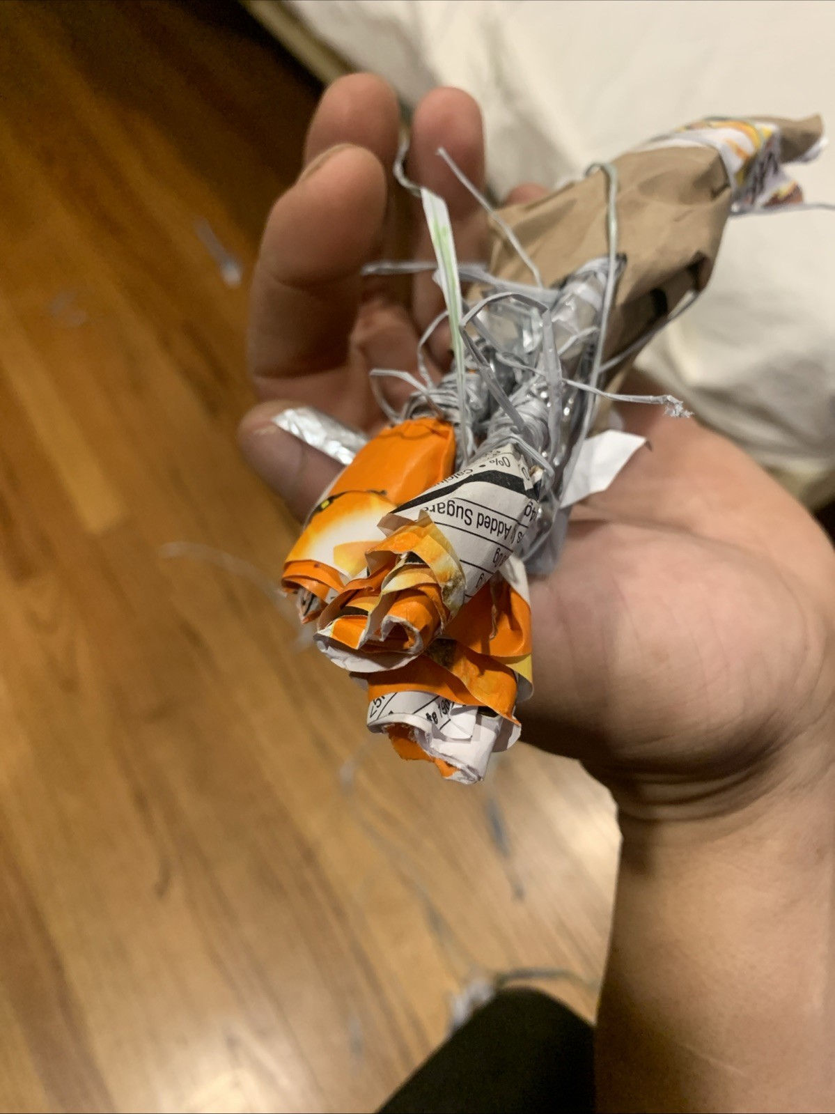 Three Rose Stems w/orange Rose Buds Made From •Gold Fish Snack Cover Wrap W Love