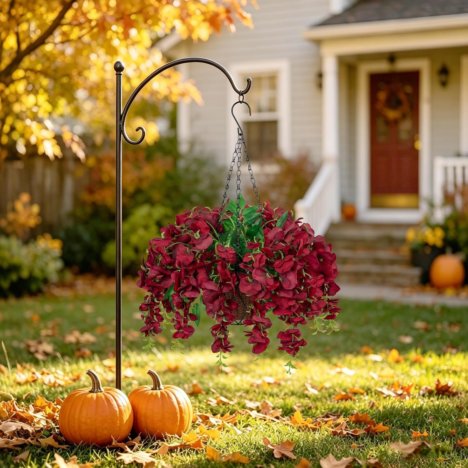 20″ Burgundy Wisteria Flowers in Hanging Basket for Autumn Outdoor Décor