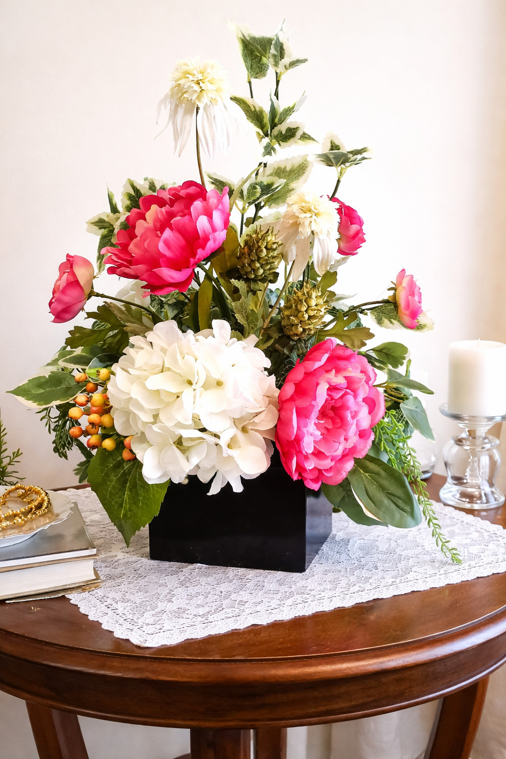 Hot Pink Peony & White Hydrangea Arrangement, Pink Spring Silk Floral