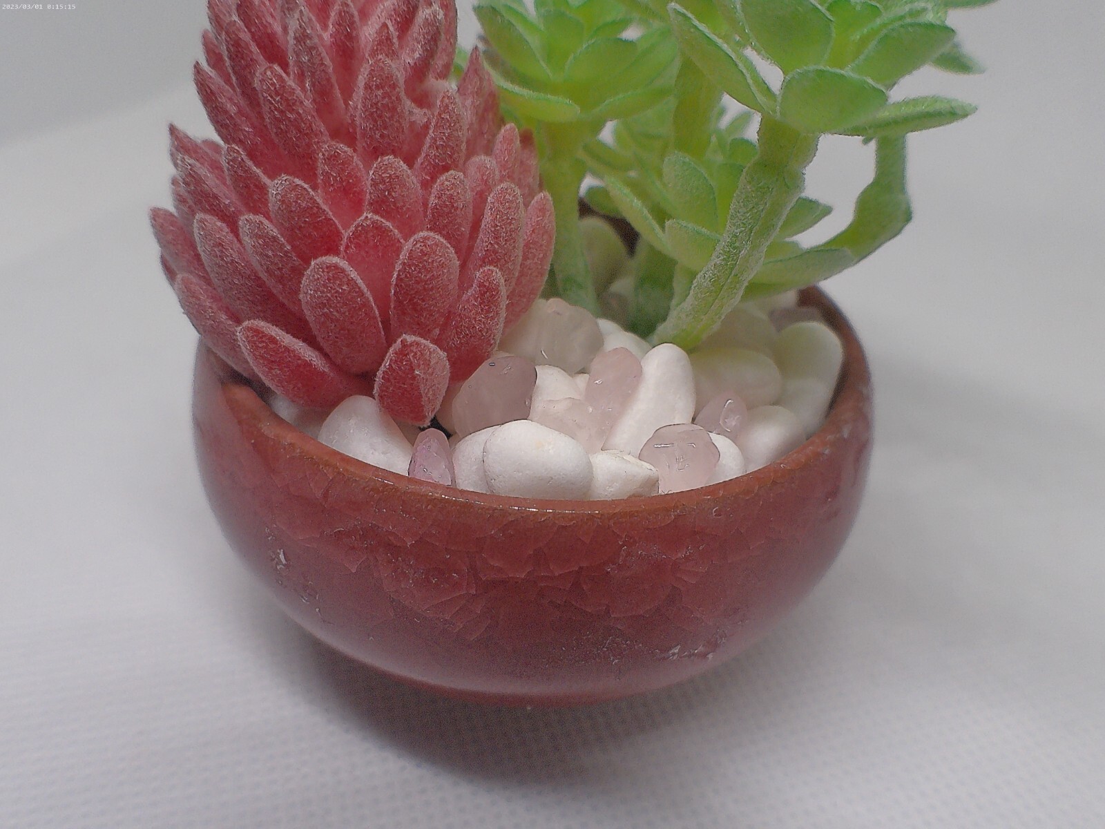 Small Handmade Maroon Planter with Faux Succulents & Rose Quartz Stones