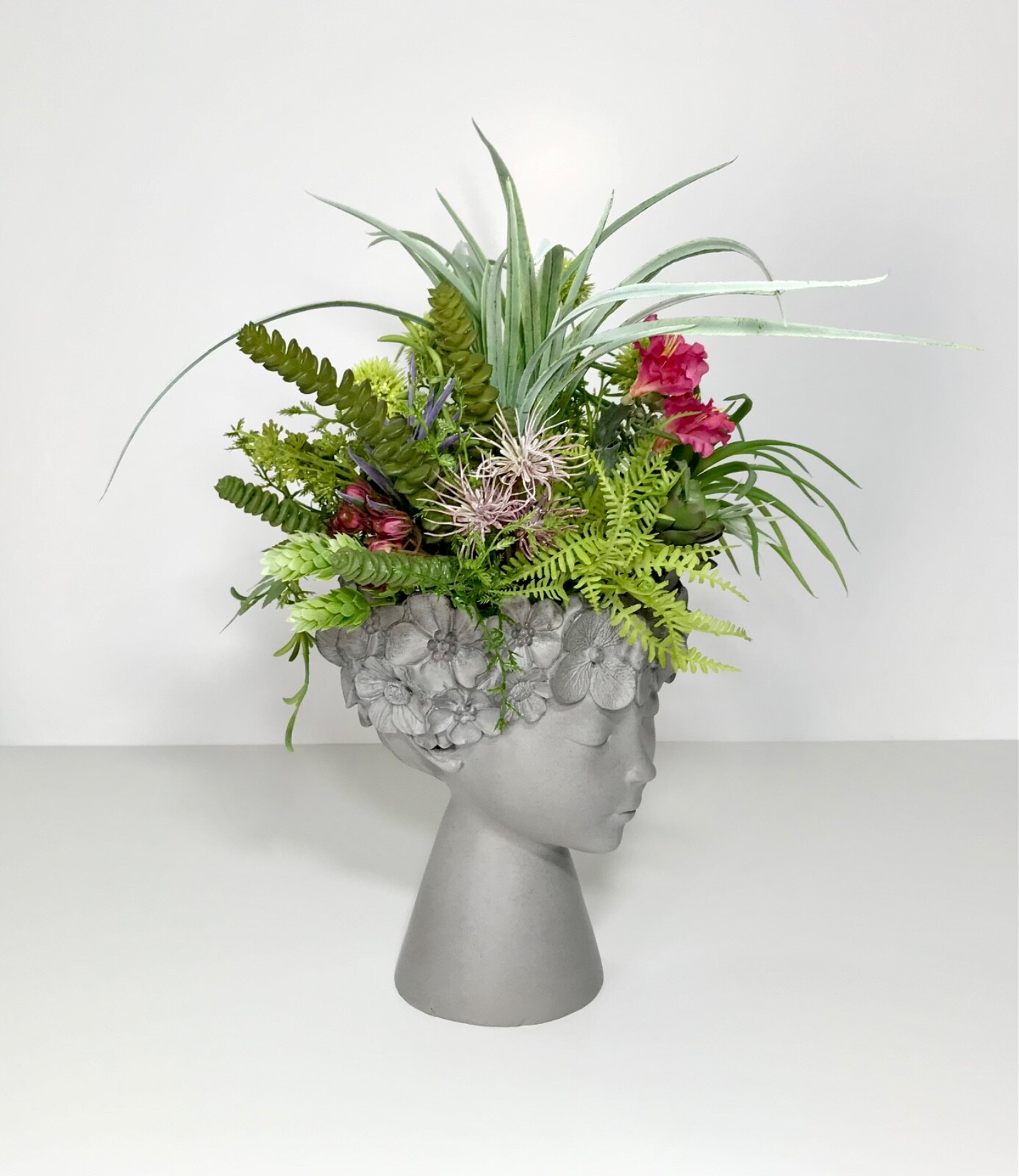 FAIRY GODDESS HEAD VASE FAUX BLOOMING CACTUS SUCCULENTS ARRANGEMENT GIFT NEW