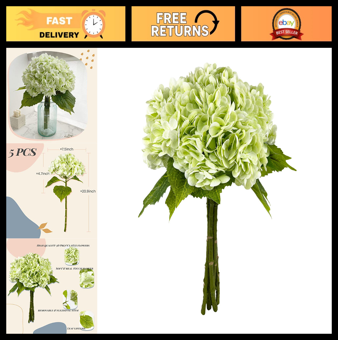 21In Light Green Artificial Hydrangea Flowers – 5 Pcs Real Touch Latex for DIY D