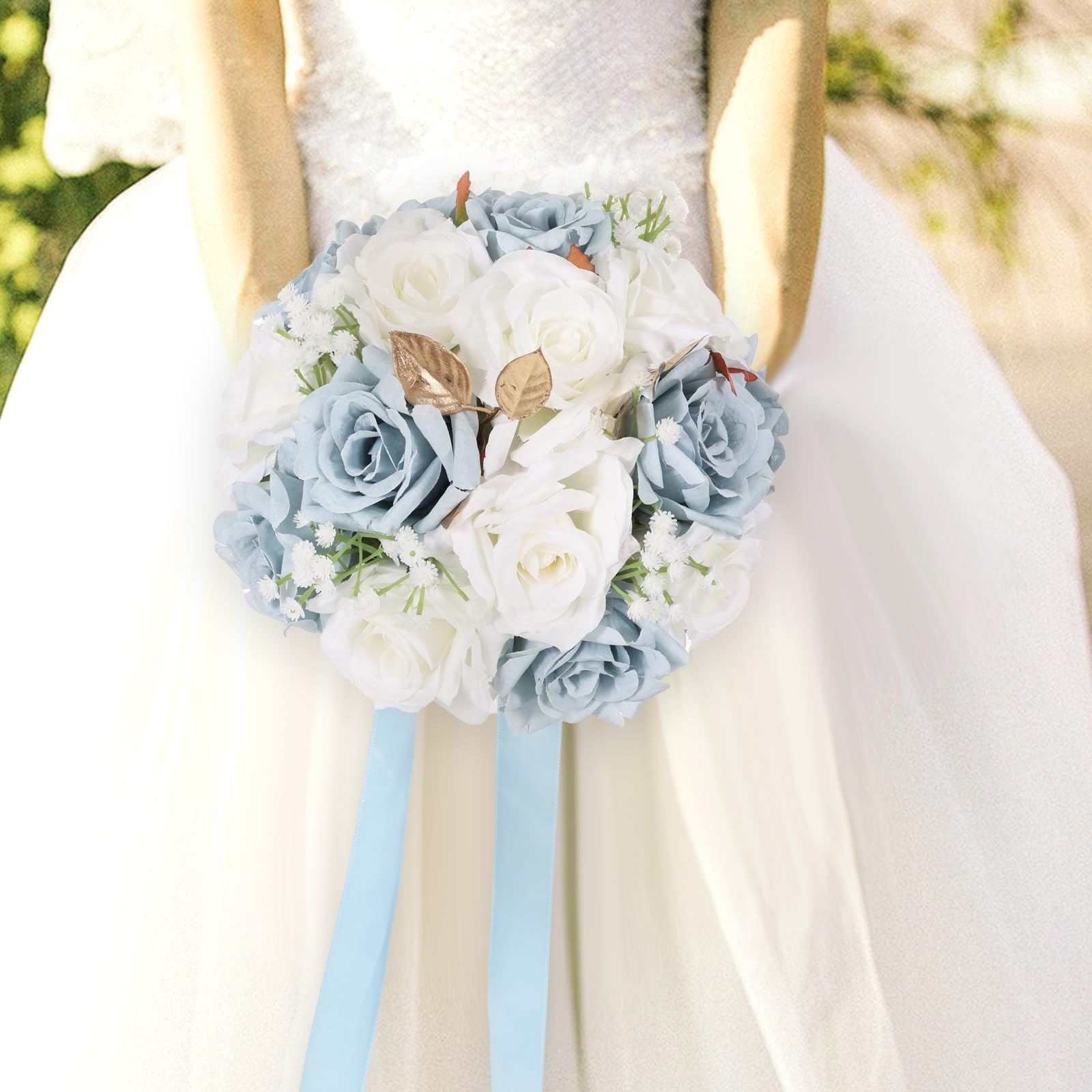 9 Inch Wedding Bouquets for Bride White & Blue Artificial Silk Roses Realistic