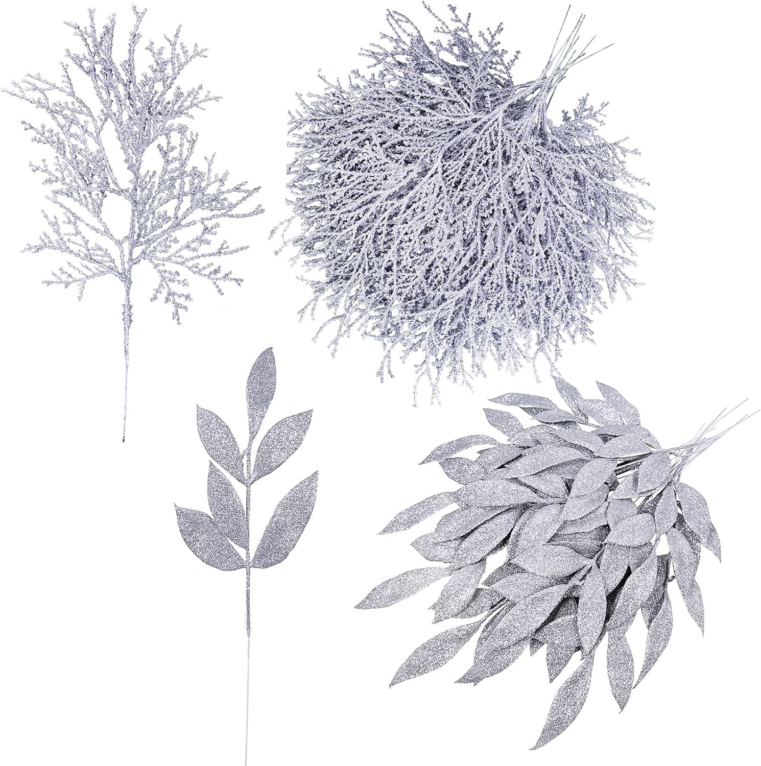30 Pcs Christmas Artificial Leaf Sprays Cedar Picks Silver Glittered Christmas T