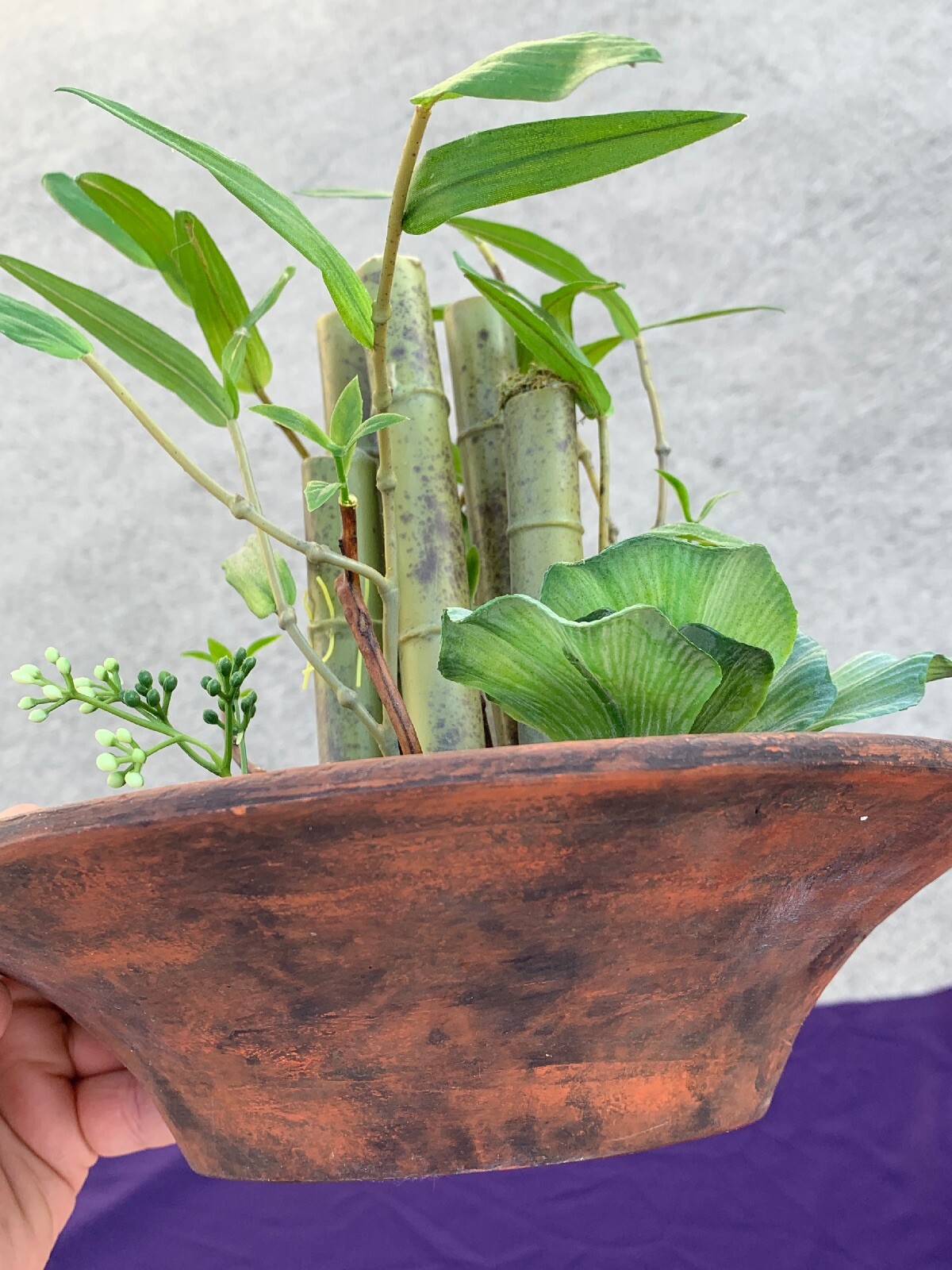 Vintage Rustic Stone Pot & Bamboo Terrarium Table Arrangement Floral 11″ ❤️sj3j