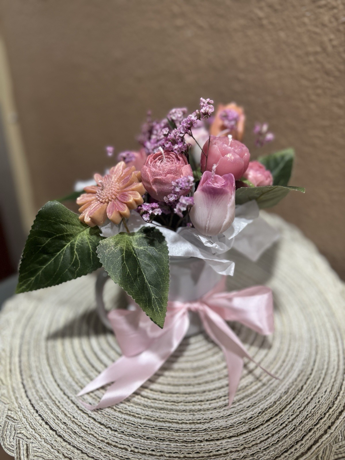 Pink & Purple Rose Gerbera Flower Arrangement Centerpiece in White Pot Ribbon