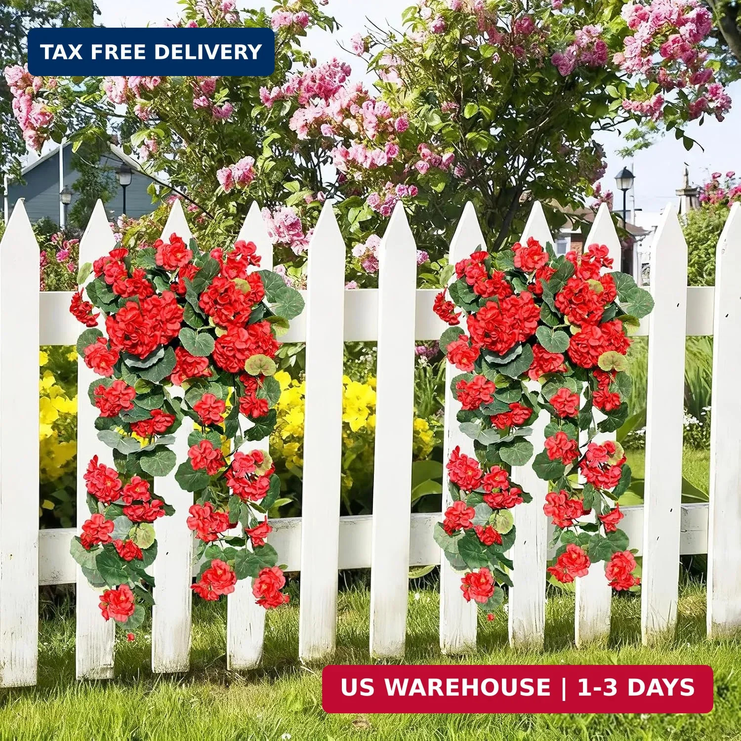 Artificial Fake Geraniums Flowers for Outdoors, 2Pcs UV Resistant Faux Hanging P