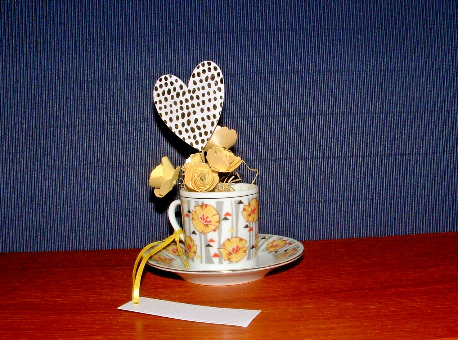 Paper Flower & Heart Handmade Bouquet, Small Teacup & Saucer Vase, With Gift Tag
