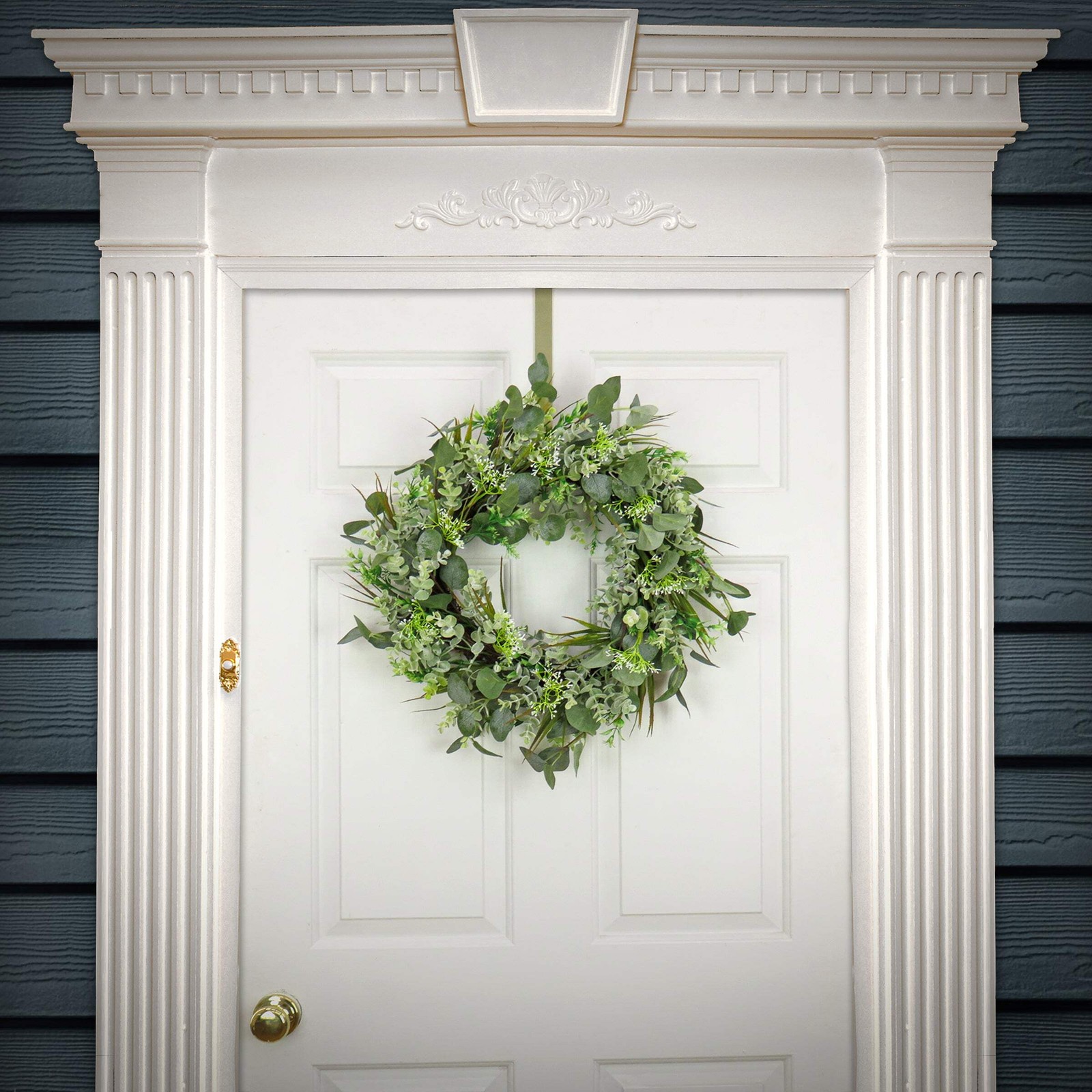 22 in. Spring Wreath with Eucalyptus Leaves, Flowing Green Stems