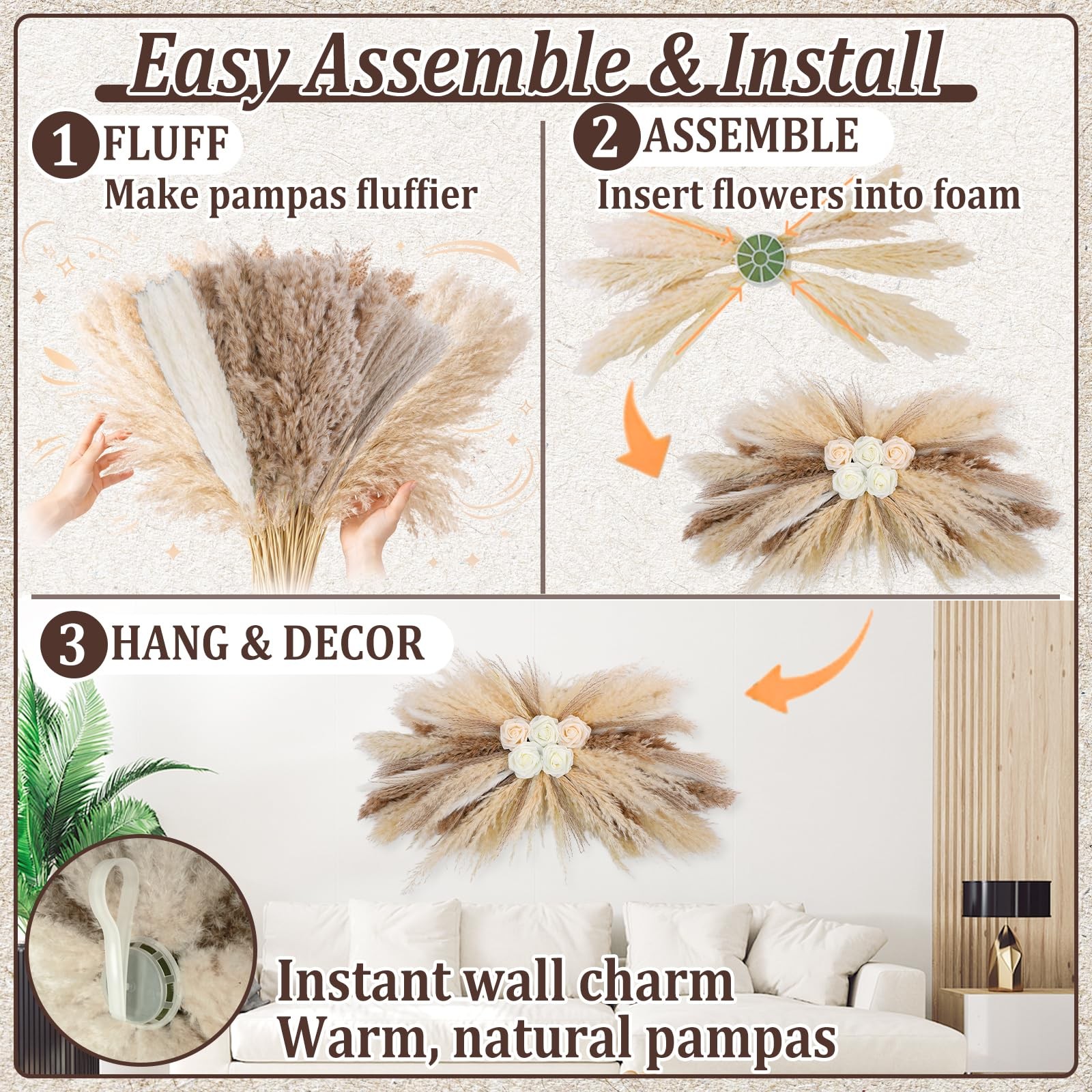 36-38″ Large Pampas Grass Wall Decor, DIY Artificial Roses & Natural Dried Bo…