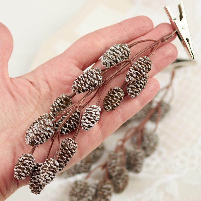 Set of 18 Hanging 7″ Artificial Snowy Pinecone Stems with Clips
