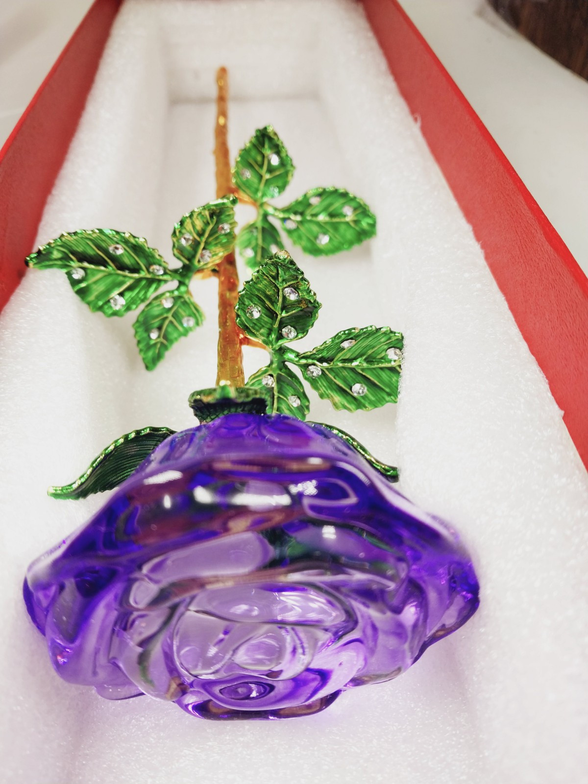 Long Stemmed Purple Rose Figurine Glass Crystal Mothers Easter Event Bling 9.5″