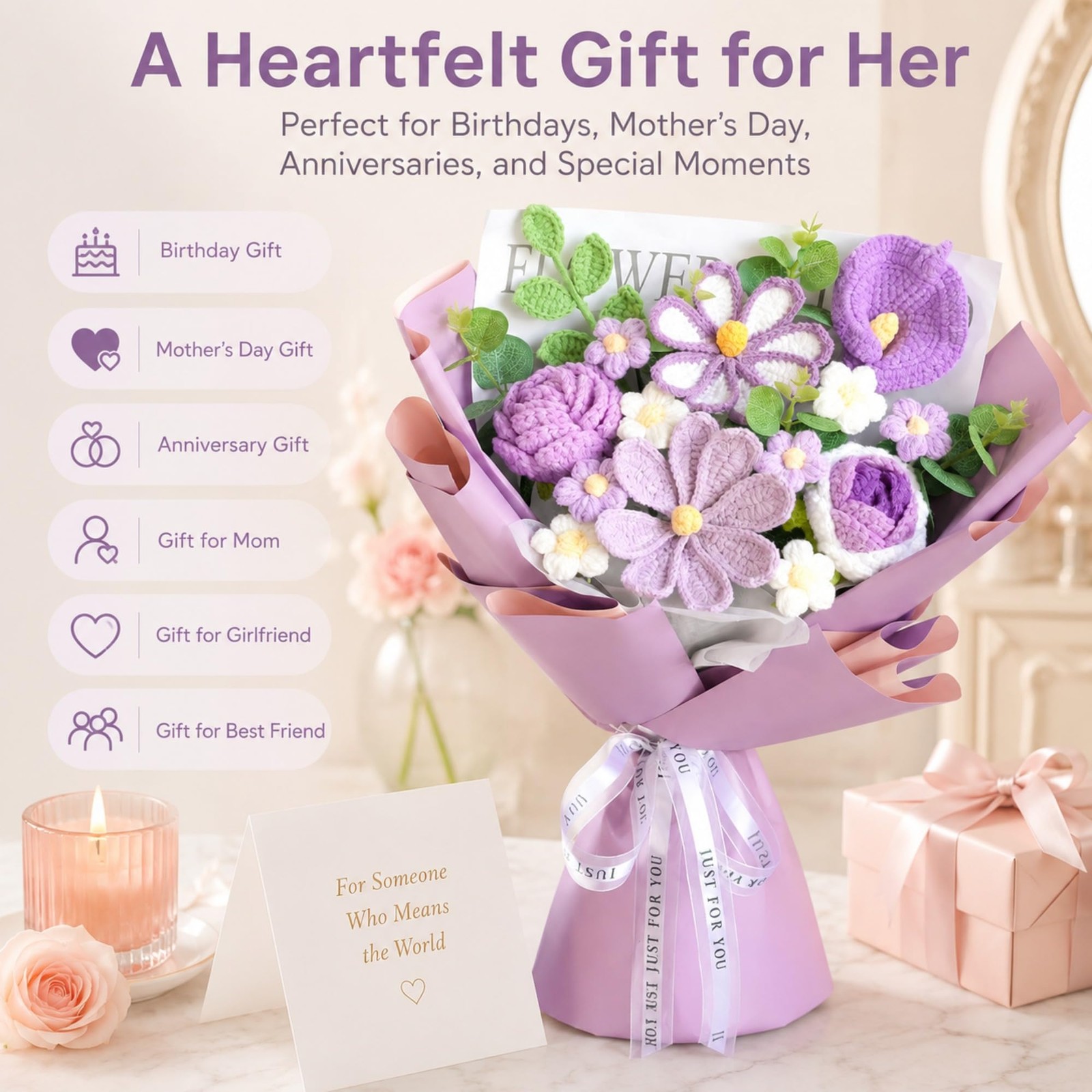 Handmade Crochet Bouquet, Purple Calla Lily & Roses Knitted Flowers with Gift…