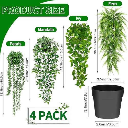 4 Pack Artificial Hanging Plants – Faux Greenery, Mandala Vine, String of Pearls