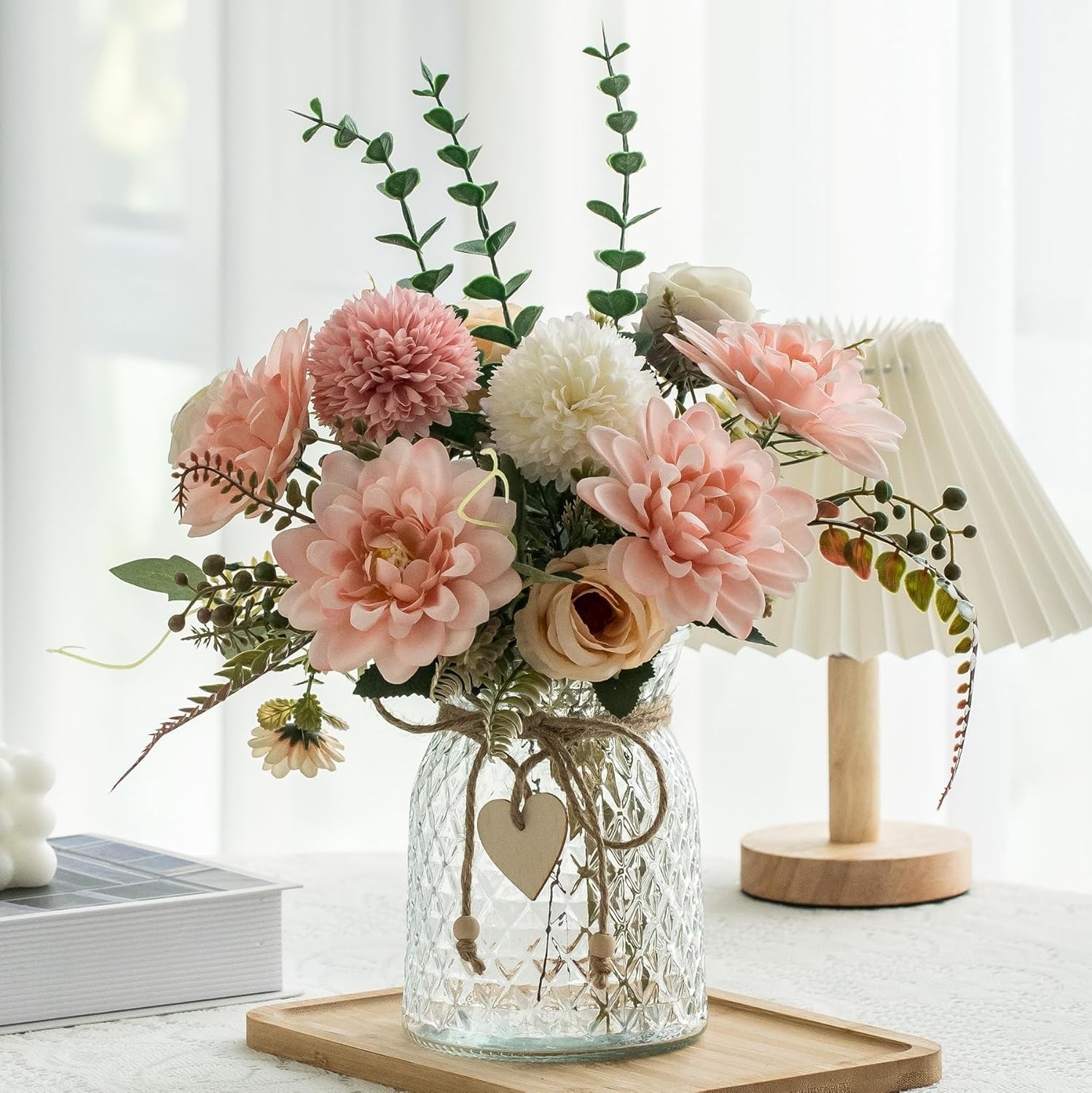 Artificial Flowers Pink Dahlia Silk Faux with Vase Aubcee Fake Home Decor Coffee