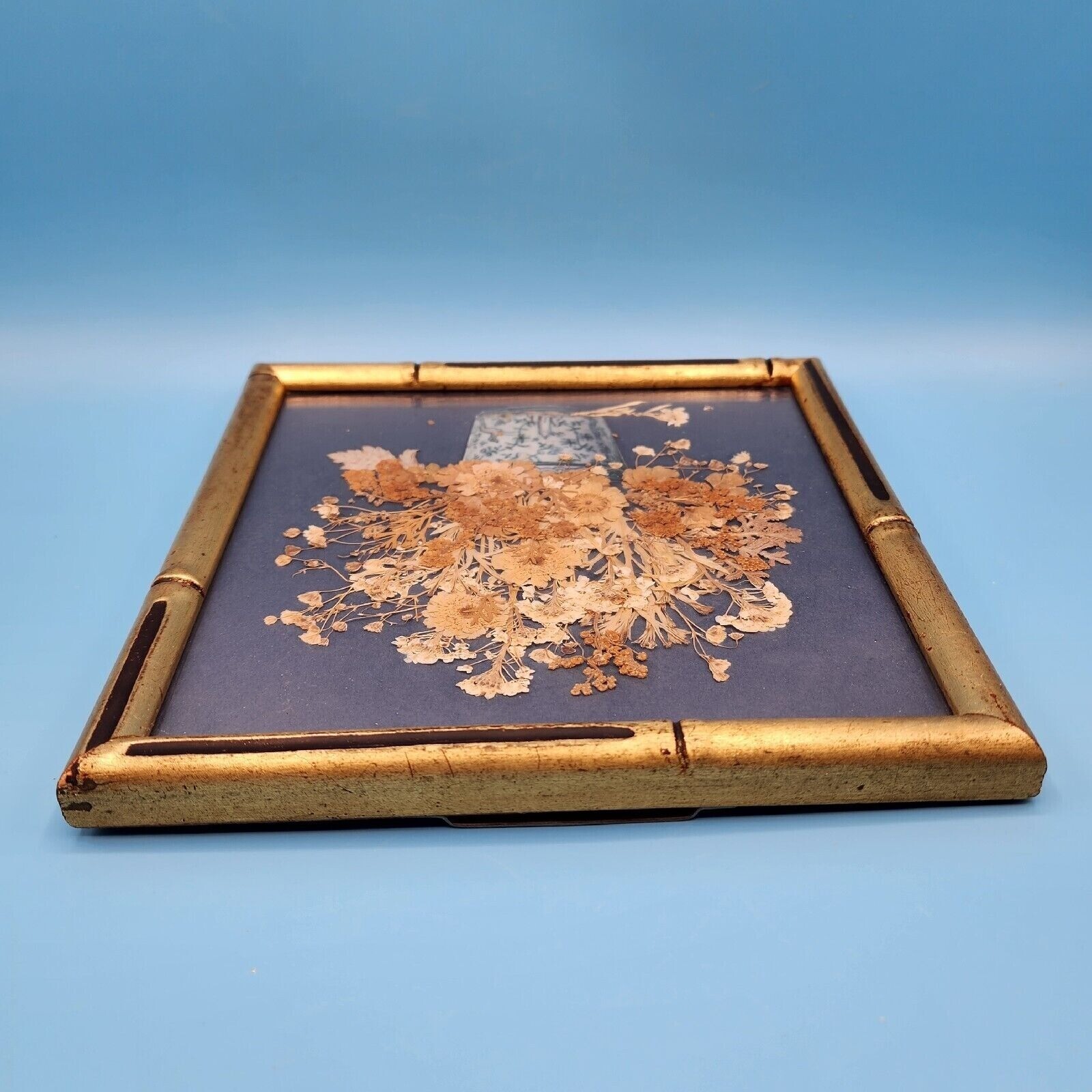 Garden Flowers of Summertime Pressed Flower Botanical Art Faux Bamboo Frame v1