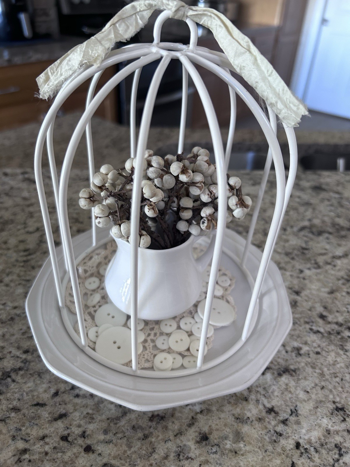 Metal Cloche With Creamer And Berries Centerpiece Vignette