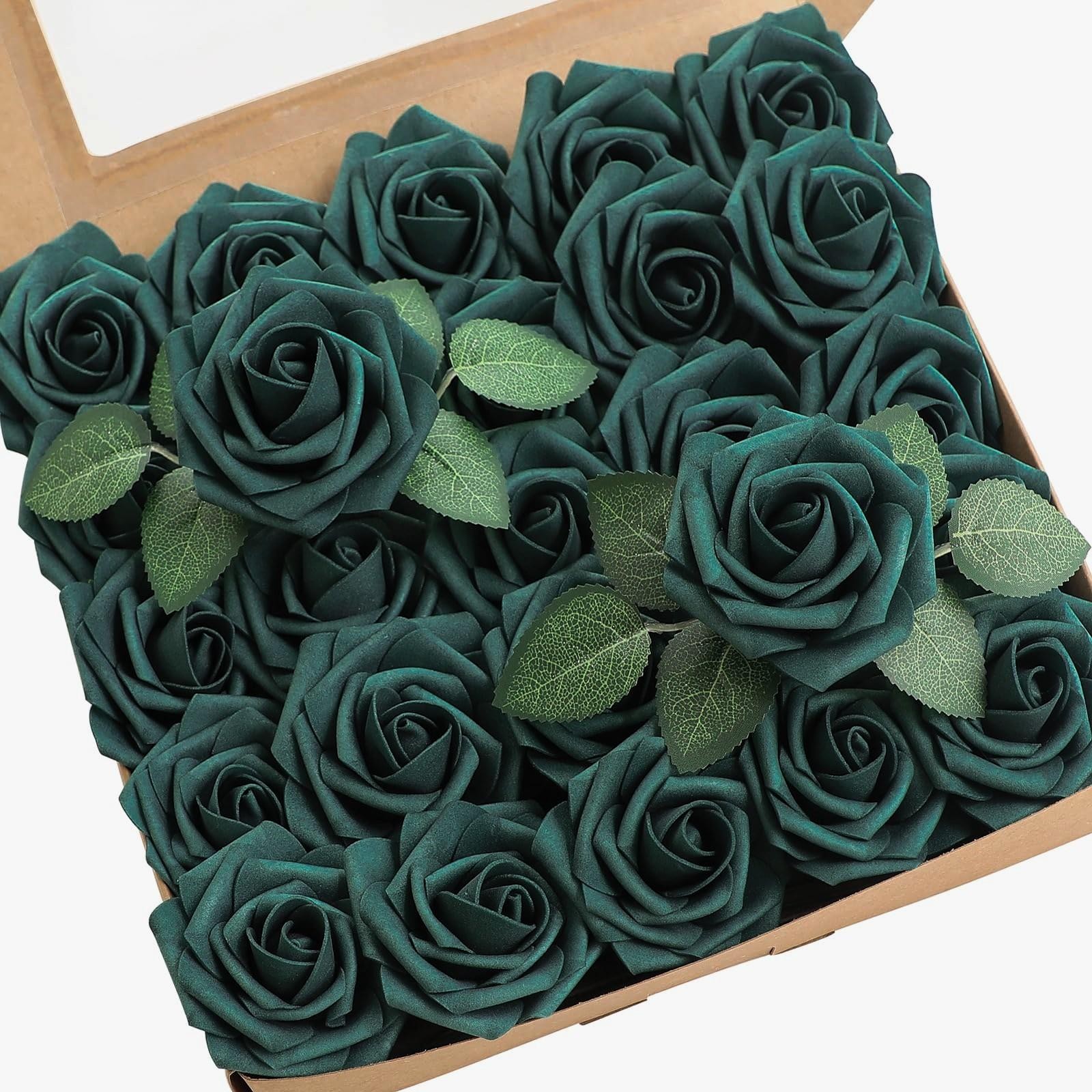 25pcs Dark Teal Foam Roses with Stems Artificial Flowers for Diy Wedding Decor