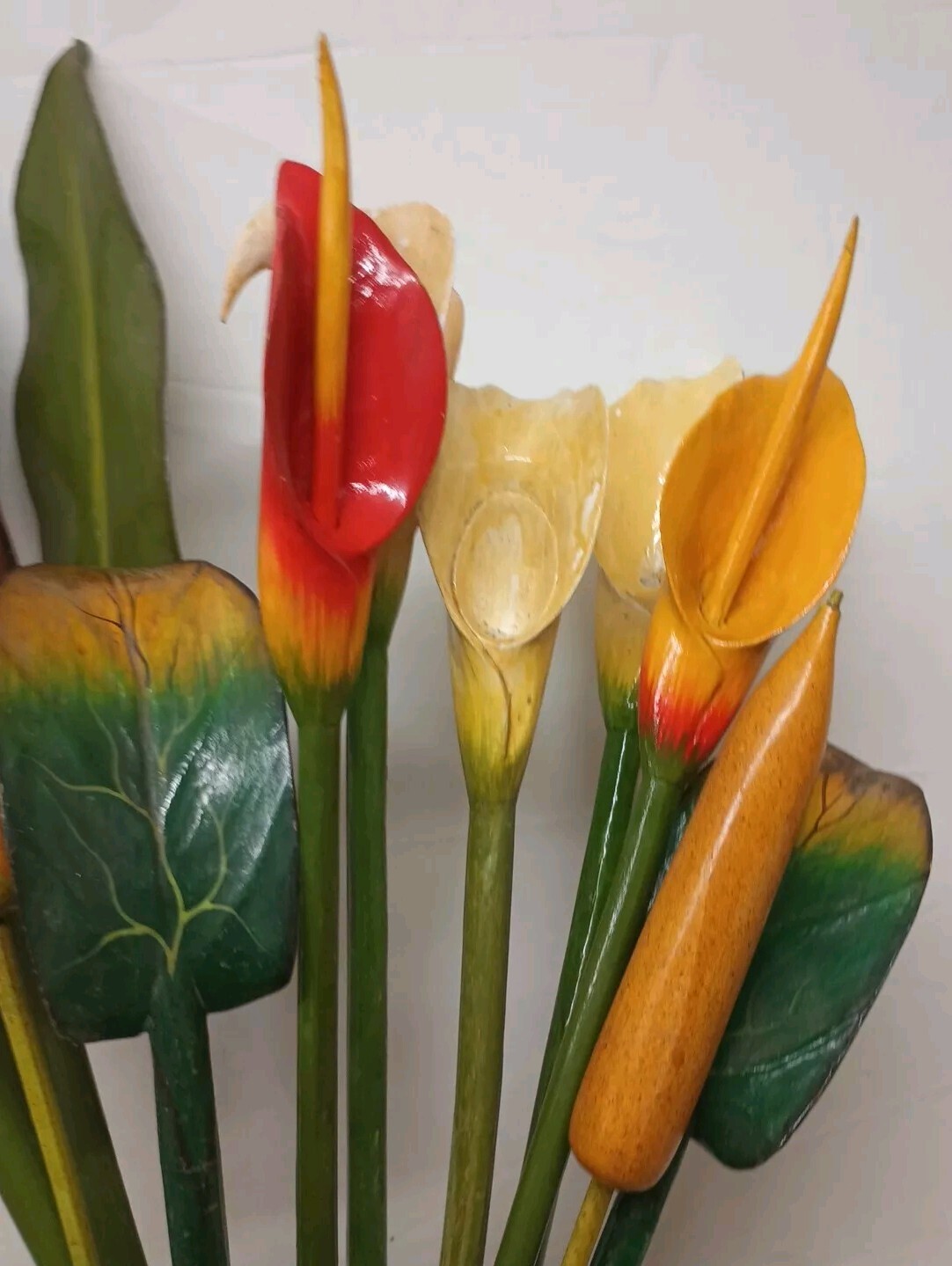 VTG Wood Tropical Flowers Long Stem 36″ Leaves Lot Of 13 Wooden Painted Carved