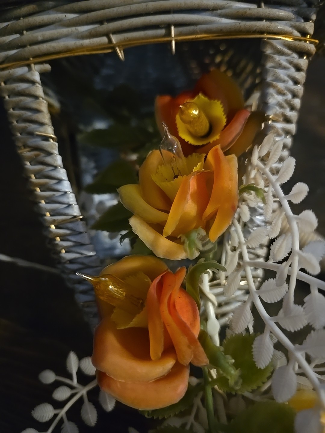 White Vinyl Wrapped Bird Cage Electrified Flower Arrangement Vintage White Roses