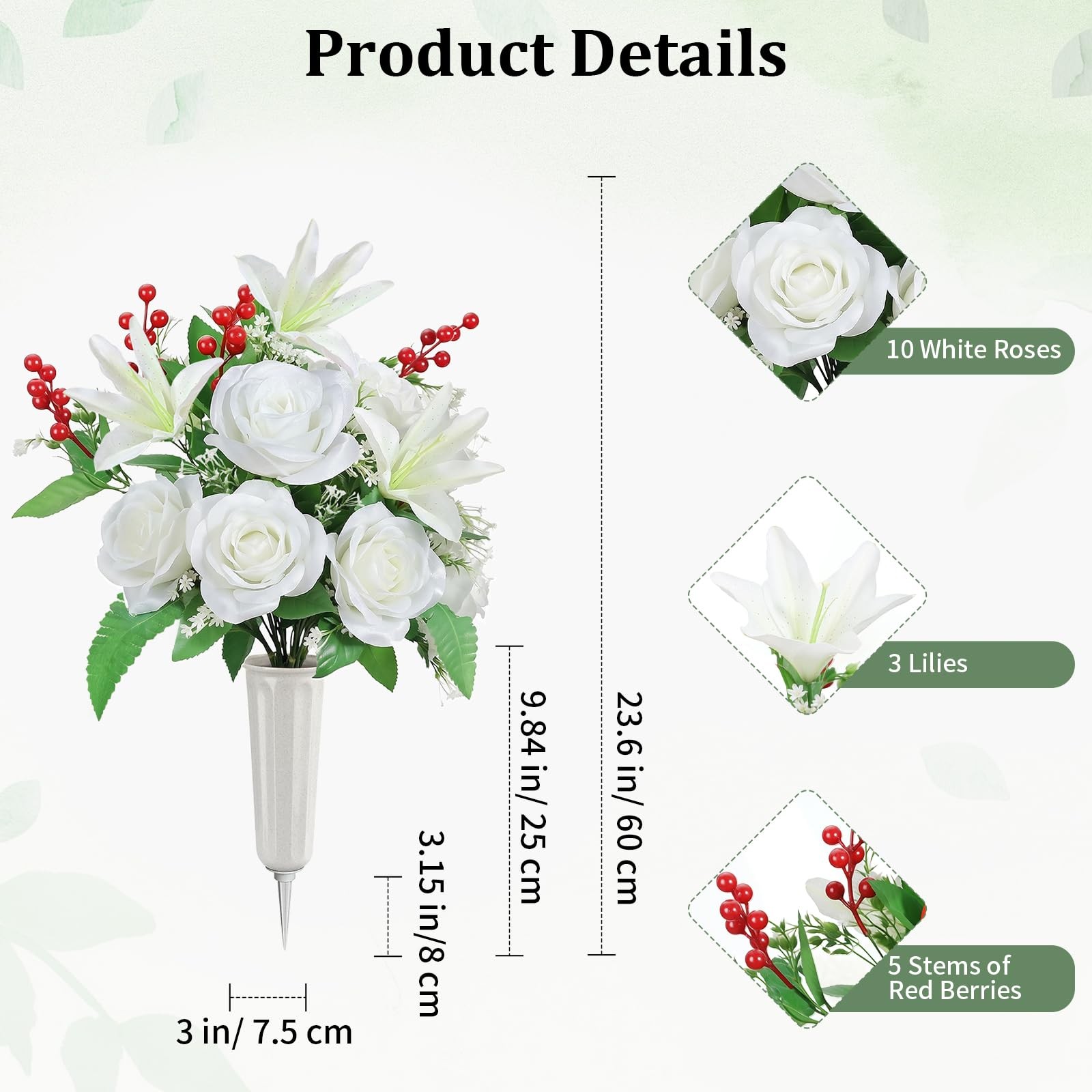 Artificial Cemetery Flowers with Vase, 2 Sets Outdoor Grave Decorations UV Re…