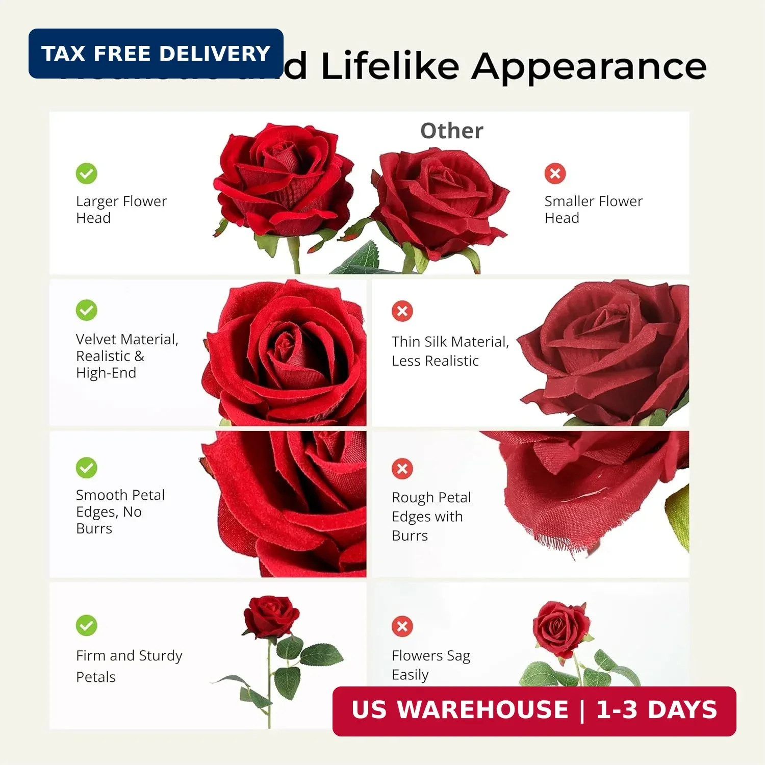 Auihiay 14PCS Red Roses Artificial Flowers, Fake Red Roses Bouquet with Long Ste
